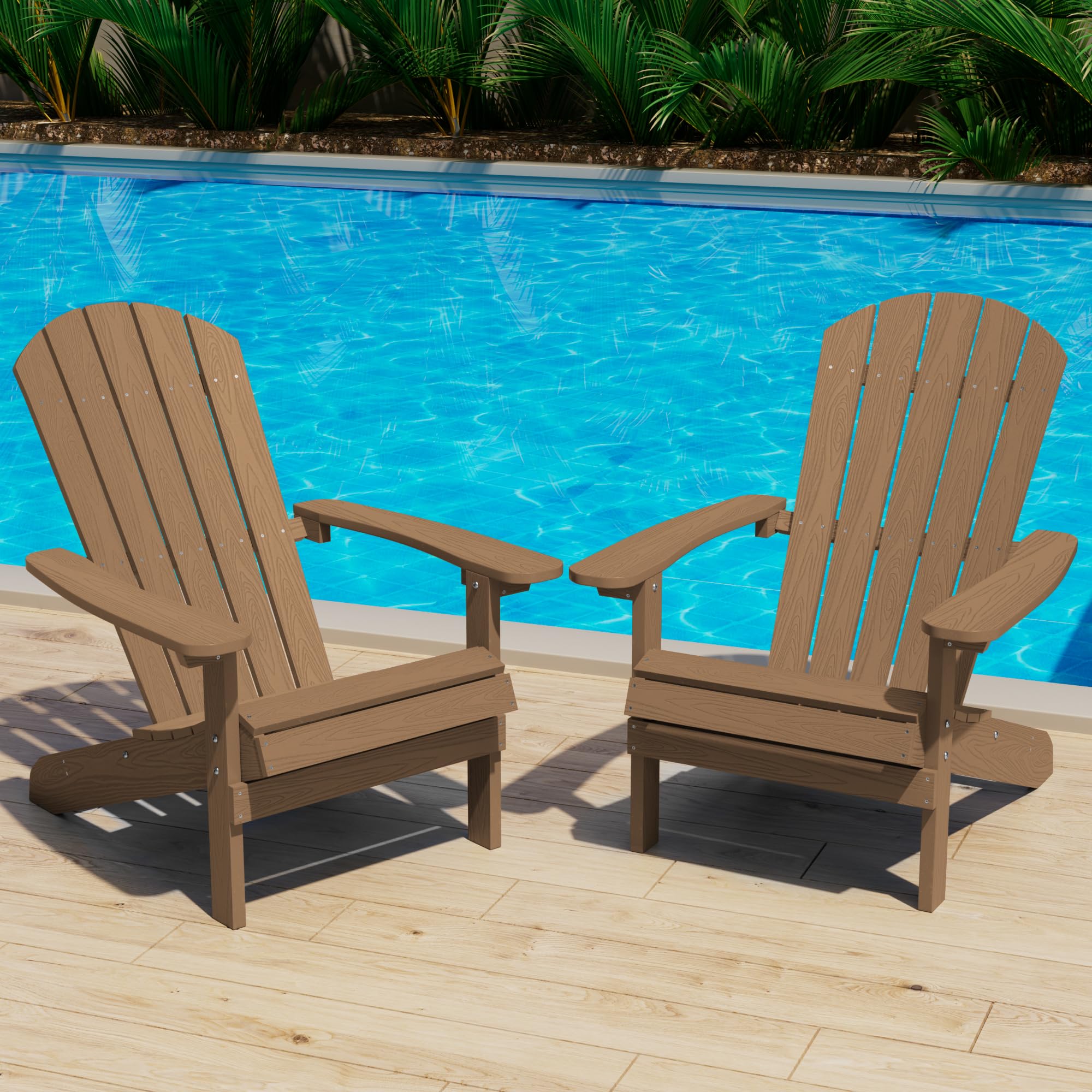 YEFU 2-Piece Adirondack Chair Set - Durable HIPS Plastic Outdoor Chairs with Wood Grain Texture - Patio, Lawn, Deck, Garden, Fire Pit Seating for Adults (Teak Brown) - Perfect for Backyard Relaxation & Outdoor Gatherings