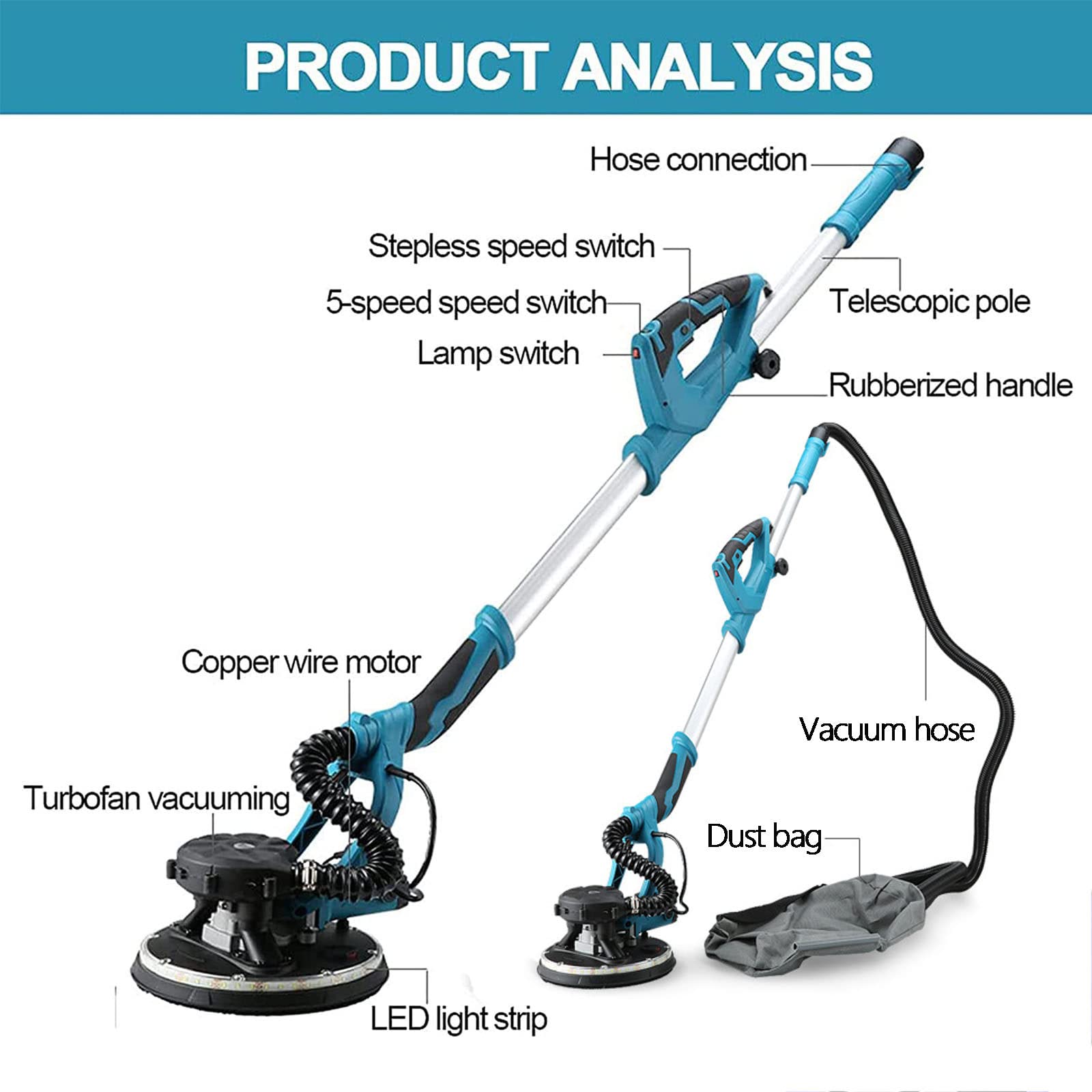 1800W Electric Drywall Sander with Vacuum Attachment - Variable Speed 1000-2100 RPM, LED Light & Extension Handle - Professional Wall Polishing Machine with Long Dust Hose & 50 Sandpapers - Perfect for Home Renovation, Drywall Repair and DIY Projects