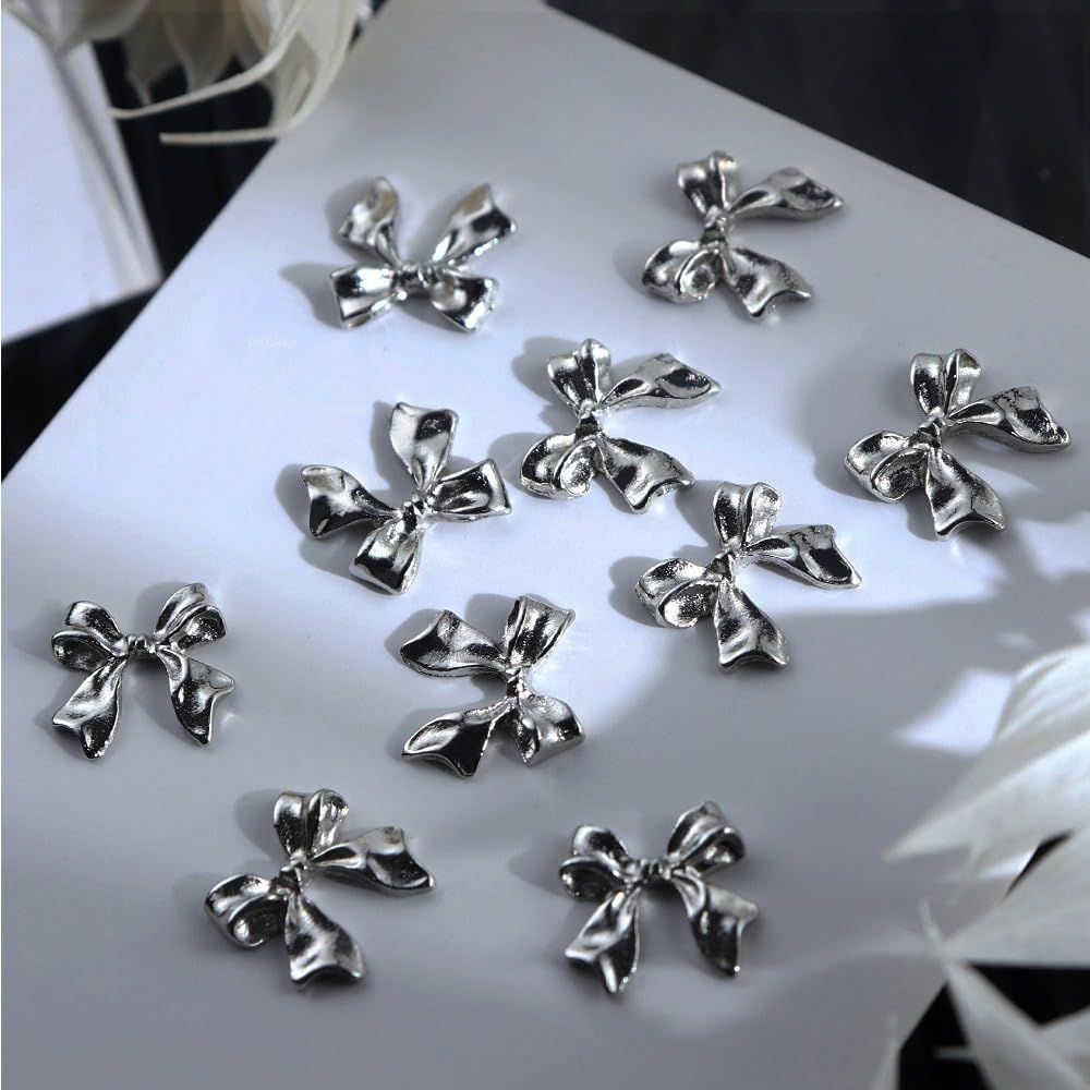 S.A.V.I 3D Bowknot Nail Charms - 10 Pcs Silver Bow Nail Art Decorations for DIY Manicure | Elegant Metallic Nail Accessories for Salon & Home Use | Perfect for Weddings, Parties & Special Occasions