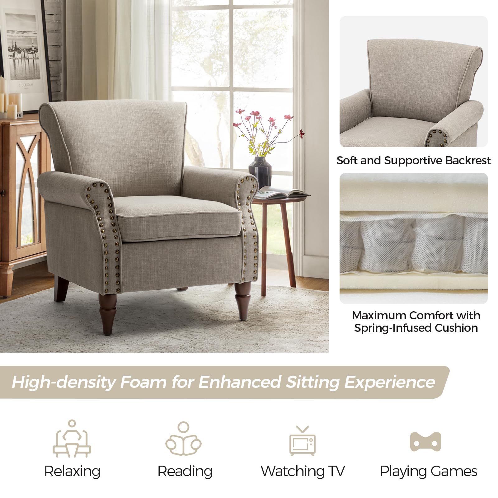 TINA'S HOME Modern Accent Chairs Set of 2 - Wooden Legs & Nailhead Trim Fabric Upholstered Armchairs with Removable Cushions - Living Room, Bedroom, Office Lounge Seating - Grey Club Chairs for Home Decor & Relaxation