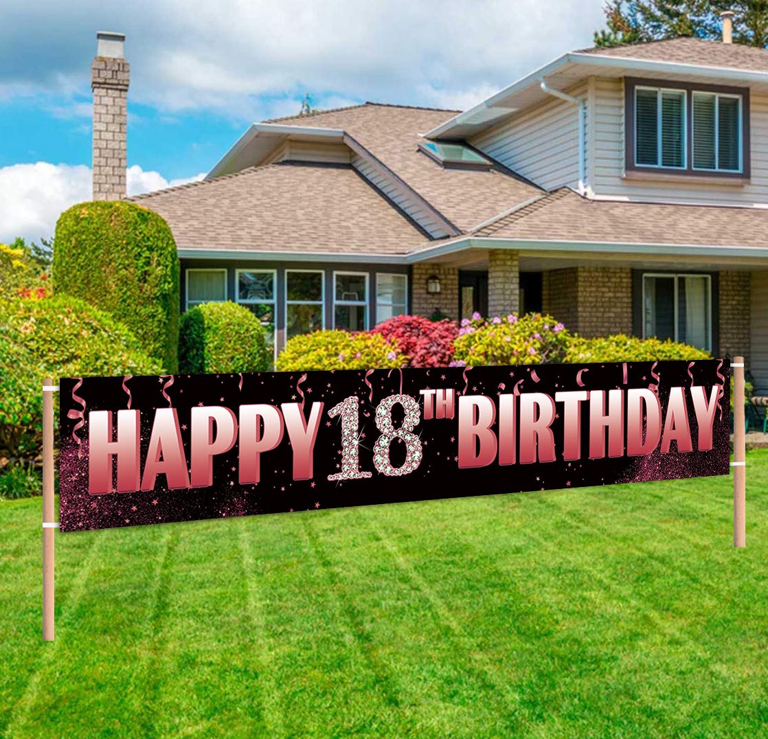 Large 18th Birthday Yard Sign Banner - 9.8 x 1.6 ft Outdoor Happy Birthday Decorations for 18 Years Old Party Supplies in Black Pink & Rose Gold - Perfect for Backyard Celebrations, Graduation Parties & Milestone Events