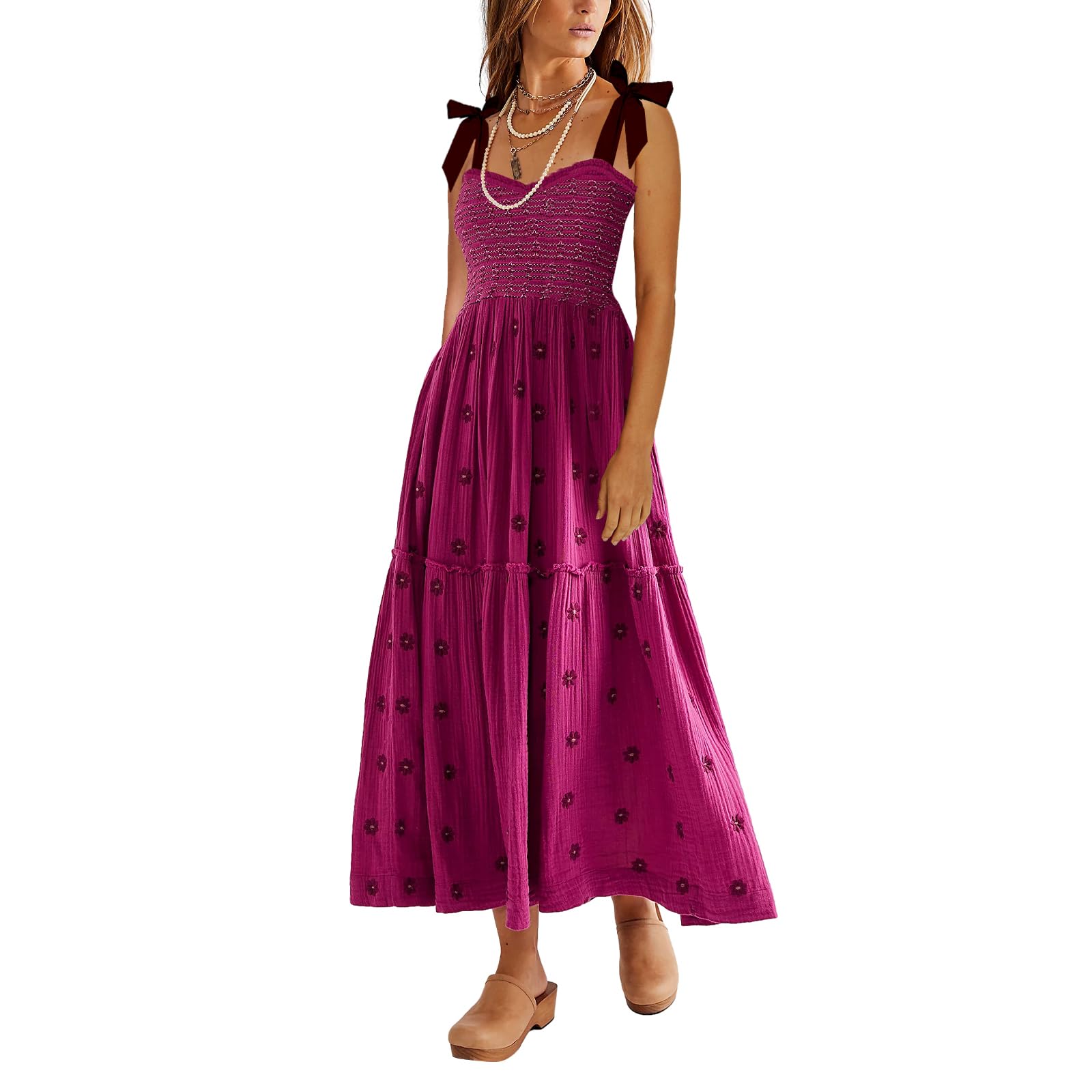 Boho Tie Shoulder Maxi Dress for Women - Embroidered Floral Sleeveless Flowy Long Sundress | Beachwear, Summer Vacation, Music Festival, Casual Outing