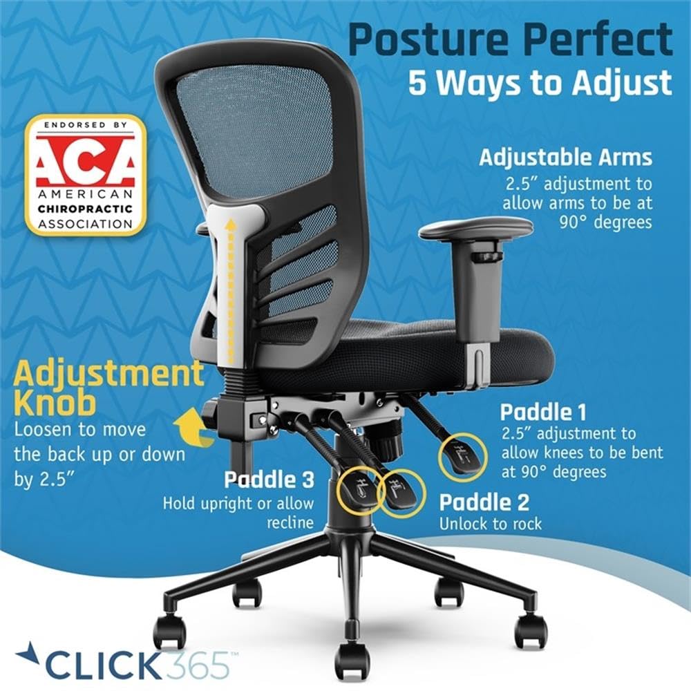 Click365 Flow Mid Back Mesh Office Chair with Lumbar Support & Extra Padded Seat - Ergonomic Black Computer Chair for Home Office, Gaming & Workspace Comfort