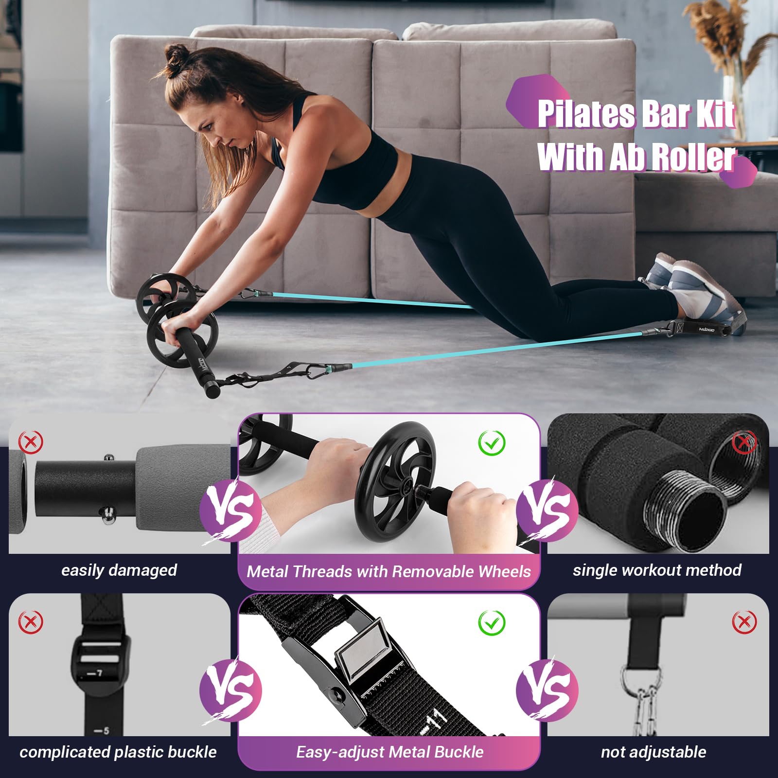 Pilates Bar Kit with Resistance Bands - Multifunctional Exercise Bar with Ab Roller for Pilates, Abs & Weight Loss - Portable Home Gym Equipment for Full Body Workout - Perfect for Women's Fitness & Home Training