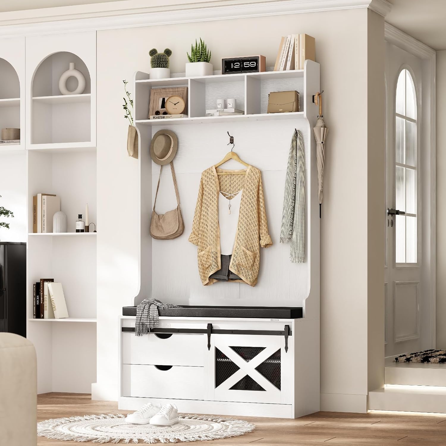 Redlife Farmhouse Entryway Hutch - 6-in-1 Hall Tree with Storage Bench, Coat Rack & Shoe Organizer | Rustic Entryway Furniture for Foyer, Mudroom & Home Organization