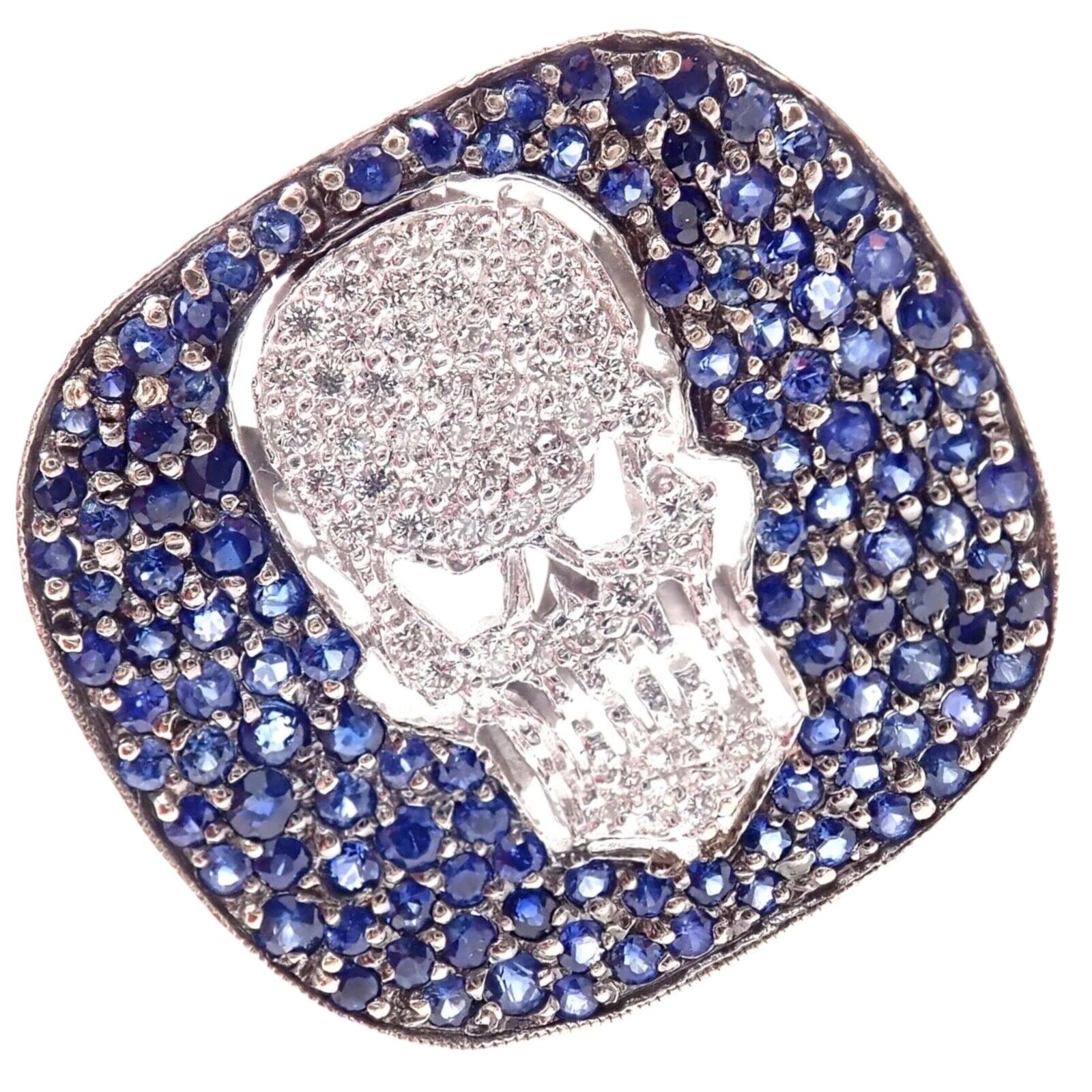 Authentic Loree Rodkin 18K White Gold Diamond Sapphire Skull Ring with Gift Box - Gothic Jewelry for Women, Perfect for Halloween, Punk Fashion & Unique Gift Giving