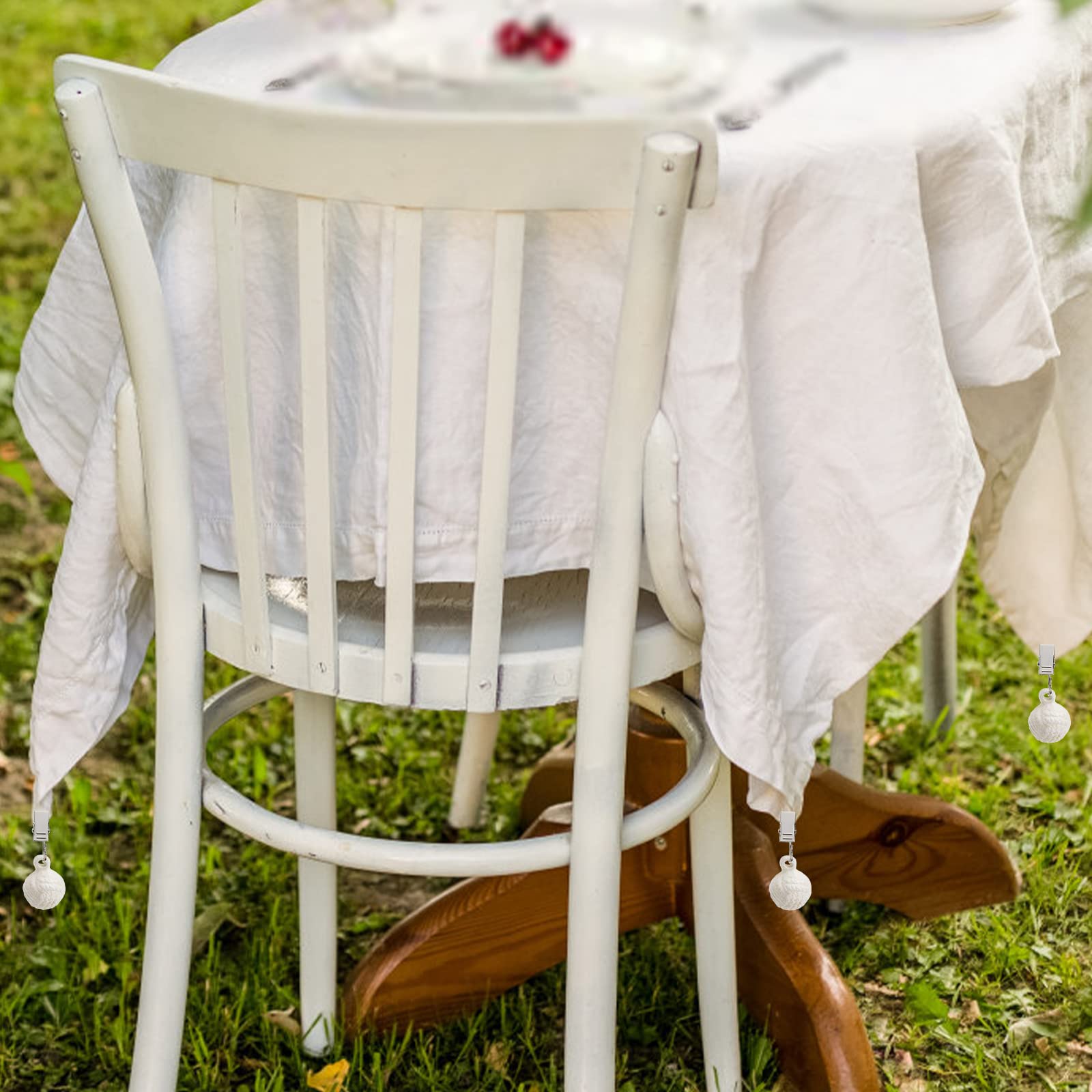 AVLA 6 Pack Tablecloth Weights - Heavy Duty Cloth Weights with Metal Clips & Resin Round Ball Hangers - Decorative Table Cover Clamps for Outdoor Picnics, Family Dinners, and Party Decorations (White)