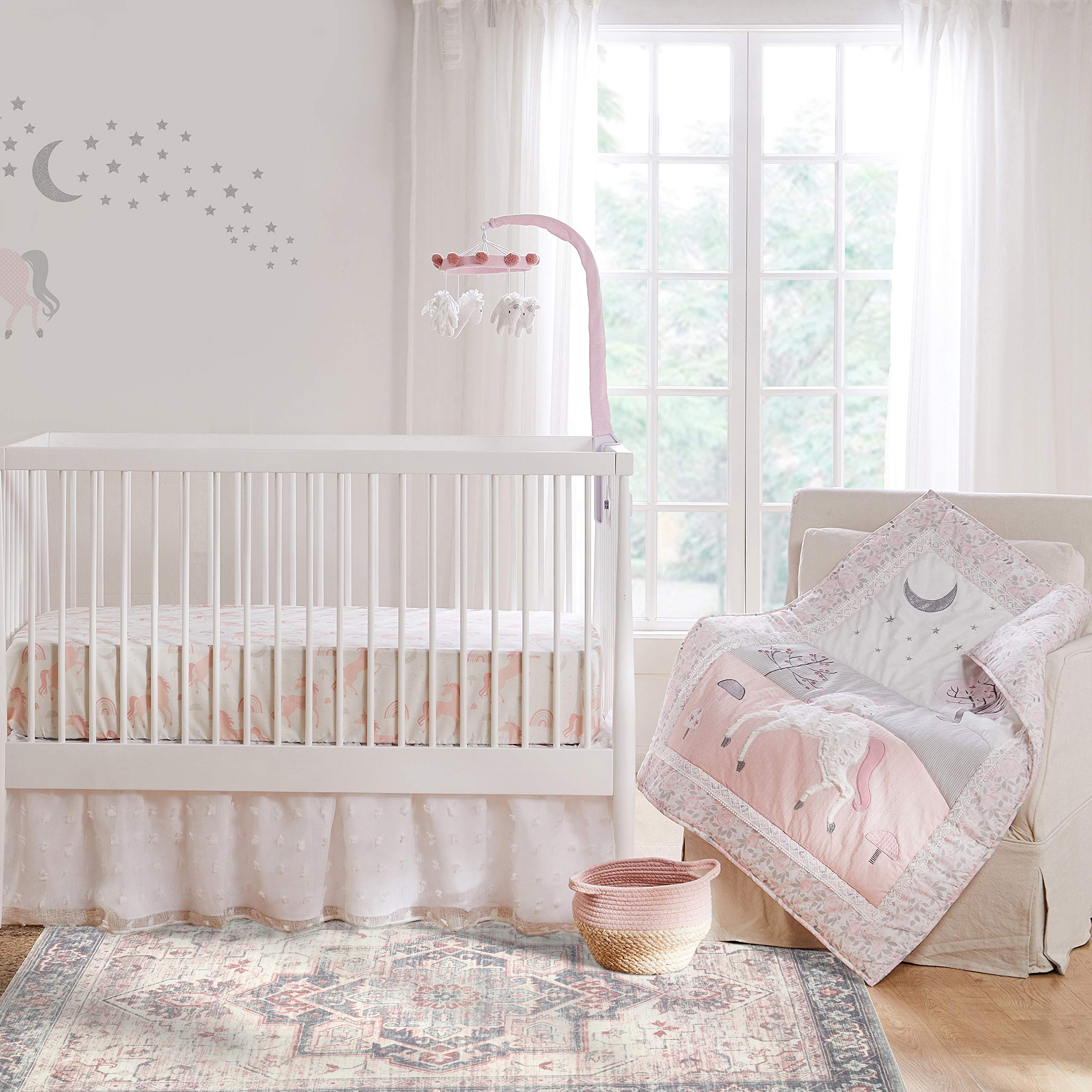 Levtex Baby Colette 5-Piece Crib Bedding Set - Grey Pink White Unicorn Nursery Collection with Quilt, Fitted Sheets, Wall Decal & Dust Ruffle | Perfect for Baby Girl's Room Decor & Newborn Gift
