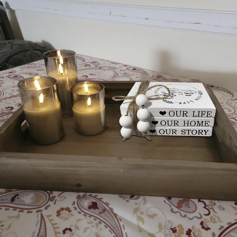 Decorative Fake Books for Home Decor - Farmhouse Style Wood Tiered Tray & Coffee Table Bookshelf Decor - Stacked Book Set for Shelves (White) | Perfect for Living Room, Office & Wedding Centerpieces