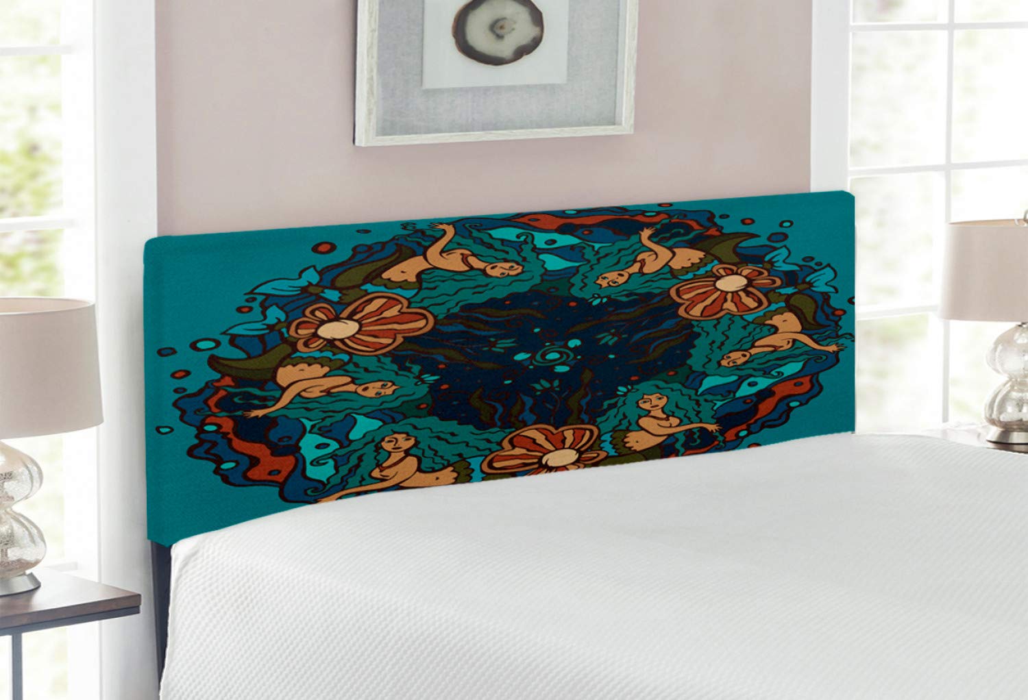Ambesonne Mermaid Headboard - Vintage Marine Themed Upholstered Metal Bed Frame with Memory Foam | Full Size Teal Red Cream Decor | Perfect for Coastal, Nautical & Fantasy Bedroom Themes