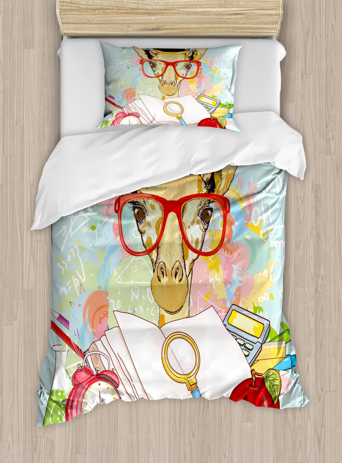 Ambesonne Graduation Duvet Cover Set - King Size 2-Pack with 2 Duvet Covers & 4 Pillowcases | Fun Hipster Giraffe Print with Animal Glasses & Cap Design | Perfect for College Dorms, Teen Bedrooms & Geeky Gift Ideas
