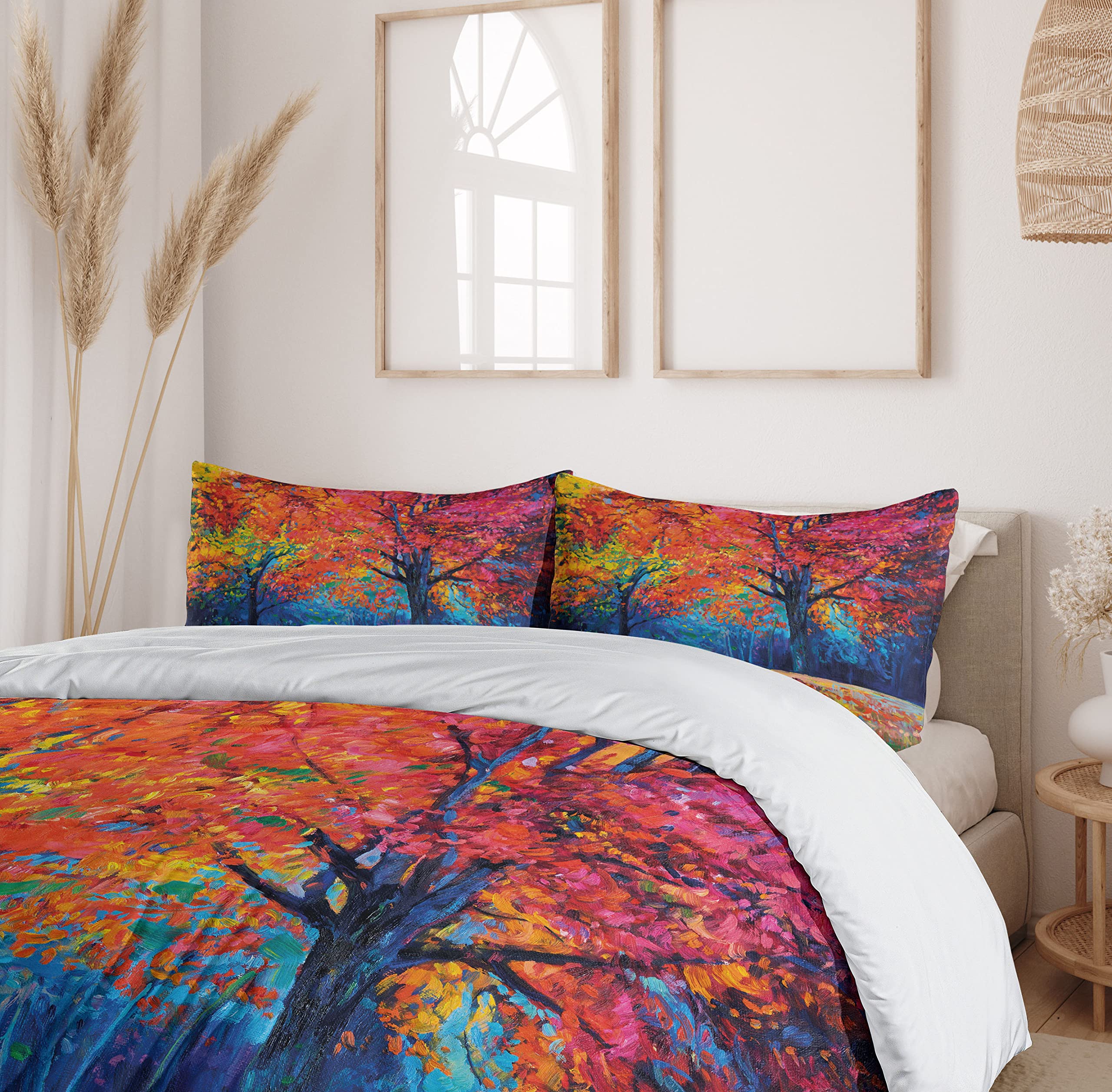 Ambesonne Autumn Leaves Duvet Cover Set - King Size 3-Piece Bedding with 2 Pillow Shams, Vibrant Vermilion & Navy Blue Fall Tree Design for Cozy Seasonal Home Decor | Perfect for Master Bedroom, Guest Room & Autumn-Themed Interior Styling