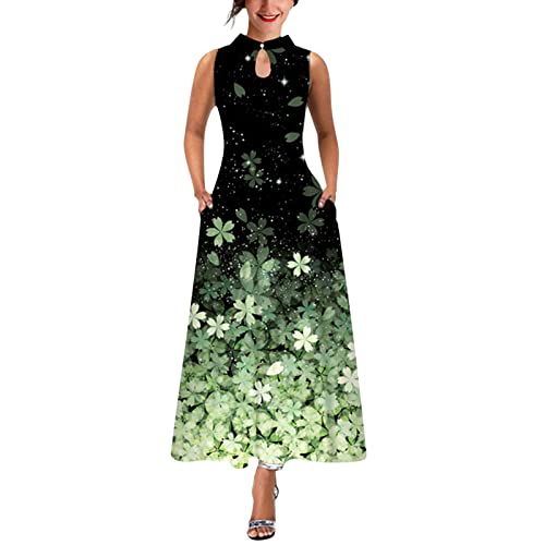 Women's Floral Print Maxi Sundress - Sleeveless Boho Beach Dress with Pockets, Stand Neck Loose Long Dress for Summer (Green, Size S) | Perfect for Vacations, Beach Outings & Casual Wear