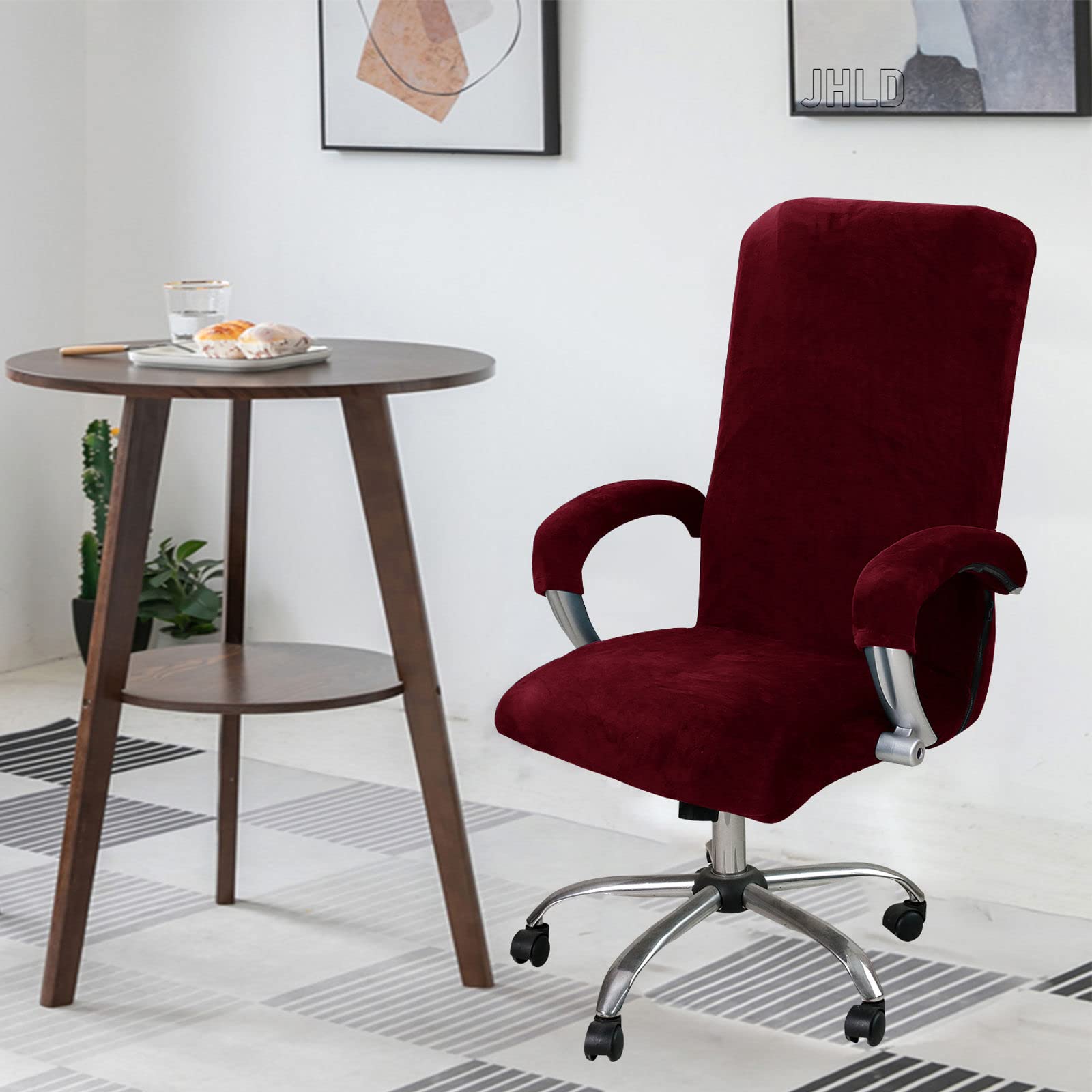 Premium Stretch Office Chair Covers - Soft Velvet Rotating Chair Slipcovers with Armrest Covers - Breathable Desk Chair Protector for Home & Office (Wine Red, X-Large) - Perfect for Ergonomic Support & Workspace Decor