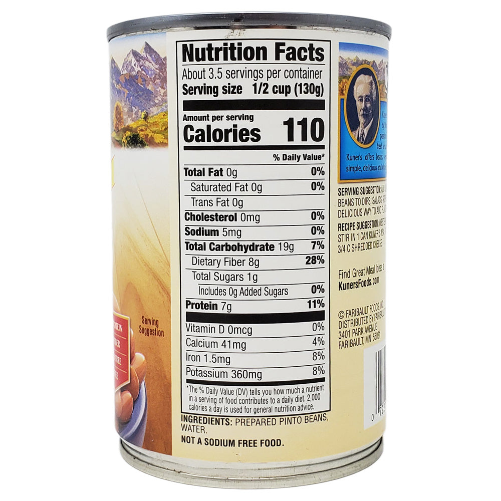 Kuner's Pinto Beans - No Salt Added, 15 oz Can | Healthy, Low Sodium Canned Beans for Chili, Salads & Mexican Recipes