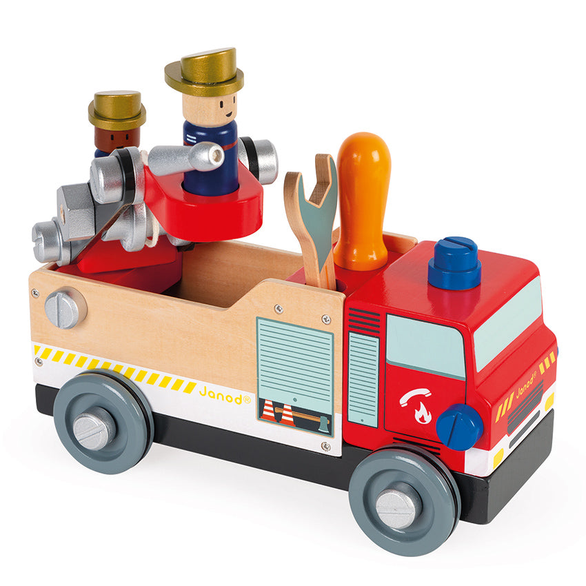 Janod BricoKids DIY Wooden Fire Truck Toy - Build Your Own Wooden Fire Engine for Kids Ages 5+ | Pretend Play, STEM Learning & Home Decor