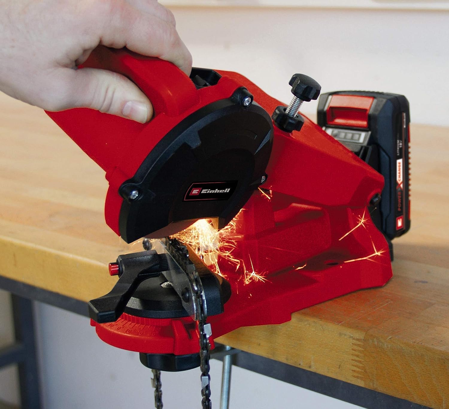 Einhell Cordless Chainsaw Chain Sharpener GE-CS 18 Li - Solo Power X-Change (18V, Clamping Device, Includes 1 Grinding Wheel) - Perfect for Outdoor Chainsaw Maintenance & DIY Woodworking Projects