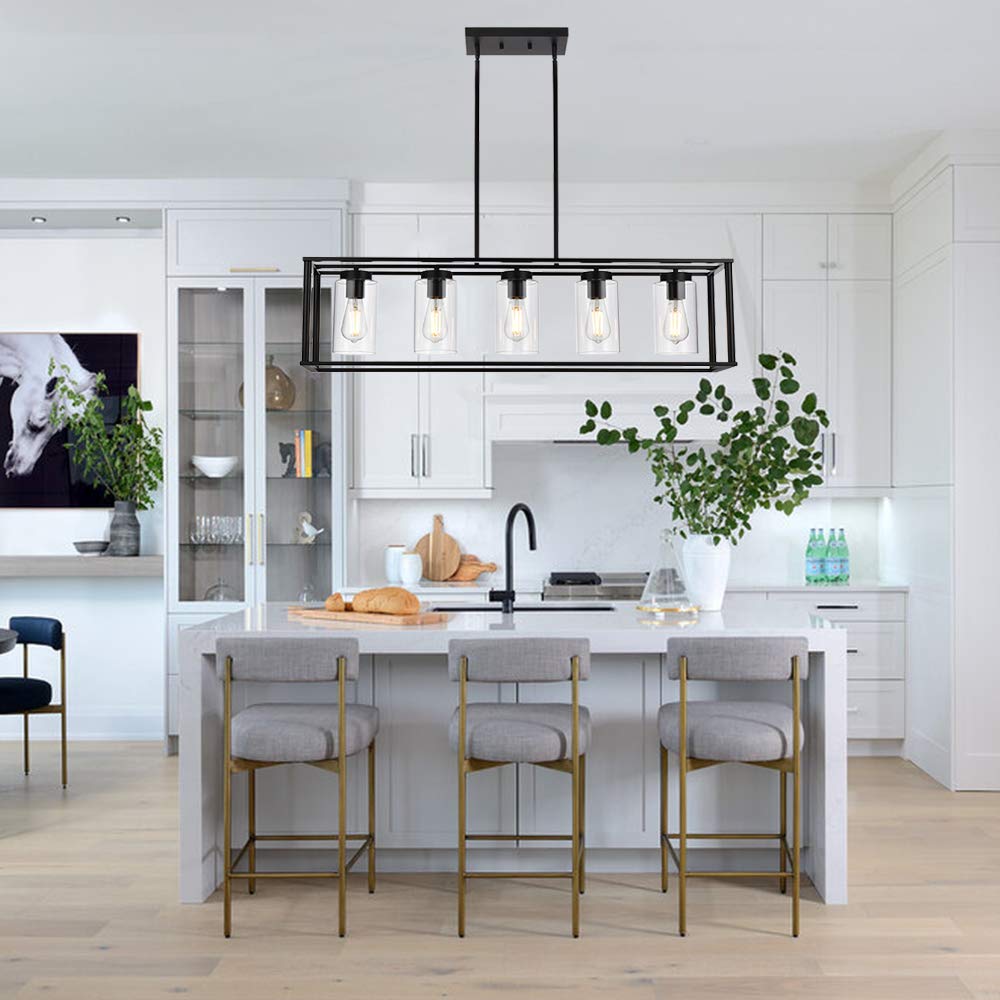 VINLUZ 5-Light Black Rectangle Farmhouse Chandelier - Adjustable Hanging Pendant Light with Glass Shade for Dining Room, Kitchen Island & Modern Home Decor | Rustic Industrial Ceiling Lighting Fixture