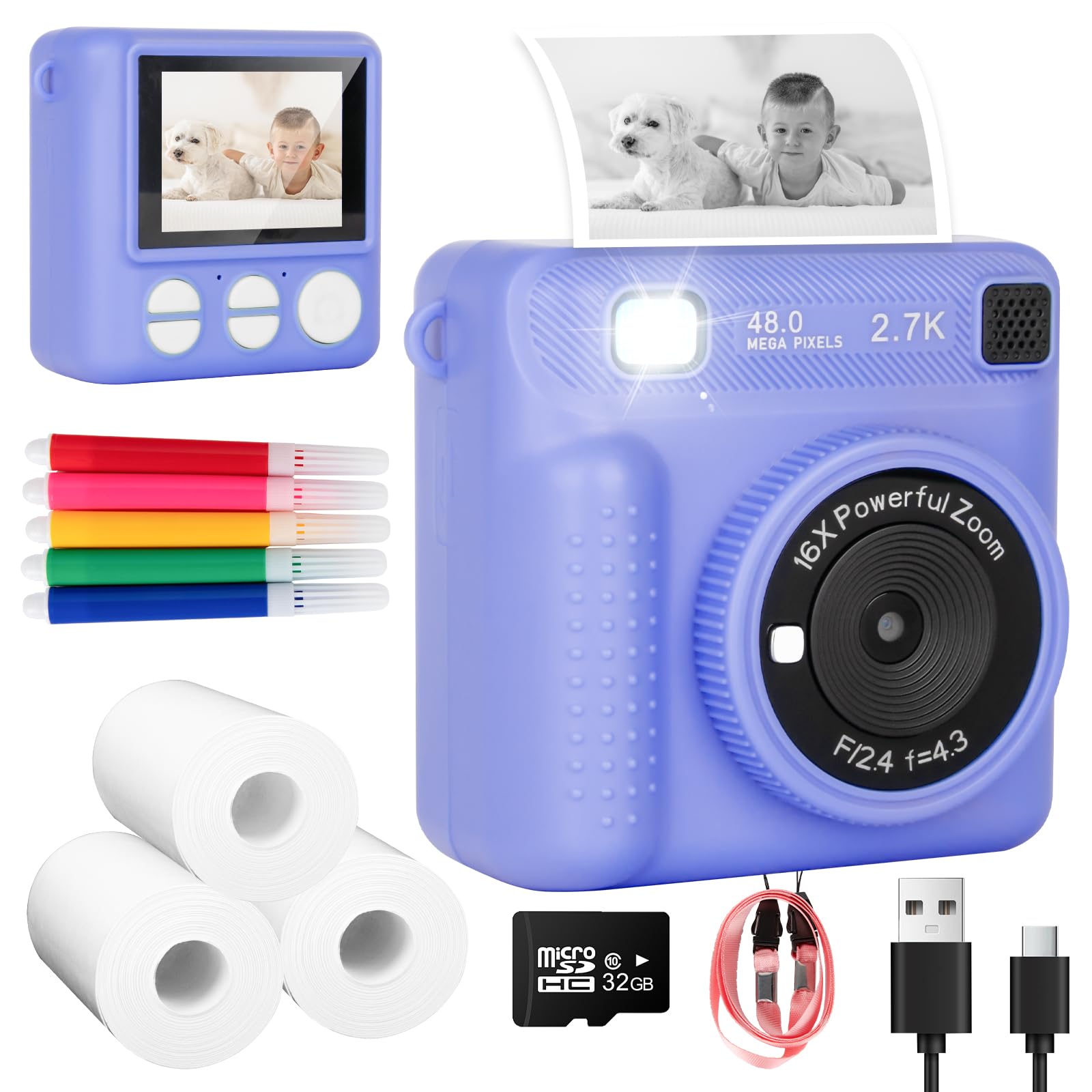 Niaazi Kids Polaroid Camera - Instant Print Digital Camera with 1080P HD Video, Photo Paper & 32GB SD Card | Best Birthday Gift for Boys & Girls Ages 3-9 | Purple | Perfect for Parties, Travel & Creative Photography