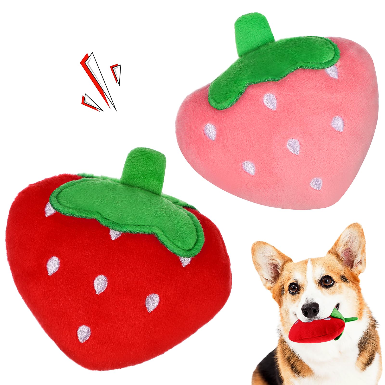 POPETPOP Squeaky Strawberry Dog Chew Toy - 2 Pack Interactive Plush Puppy Teething Toys for Small & Medium Dogs | Cute Squeak Toy for Playtime, Training & Anxiety Relief