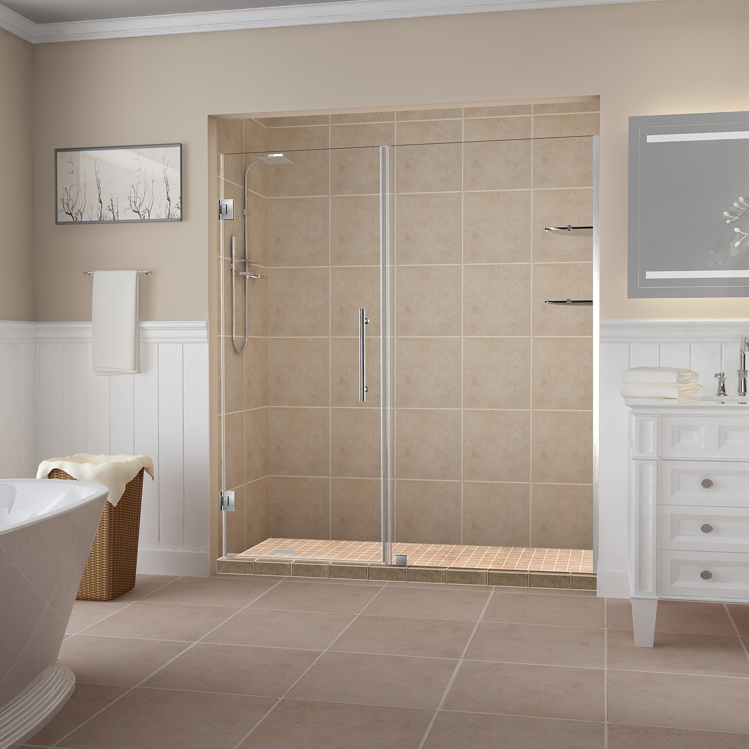 Frosted Glass Frameless Hinged Shower Door with Shelves - Aston Belmore GS Series | Modern Bathroom Upgrade for Spa-Like Experience