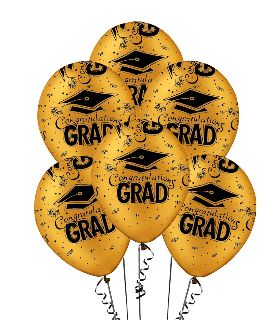 PMU Premium Gold Graduation Balloons with All-Over Print Black Graduation Caps, Confetti & Streamers - 100 Latex Balloons for Graduation Party Decorations | Perfect for Graduation Ceremonies, College Parties & School Celebrations