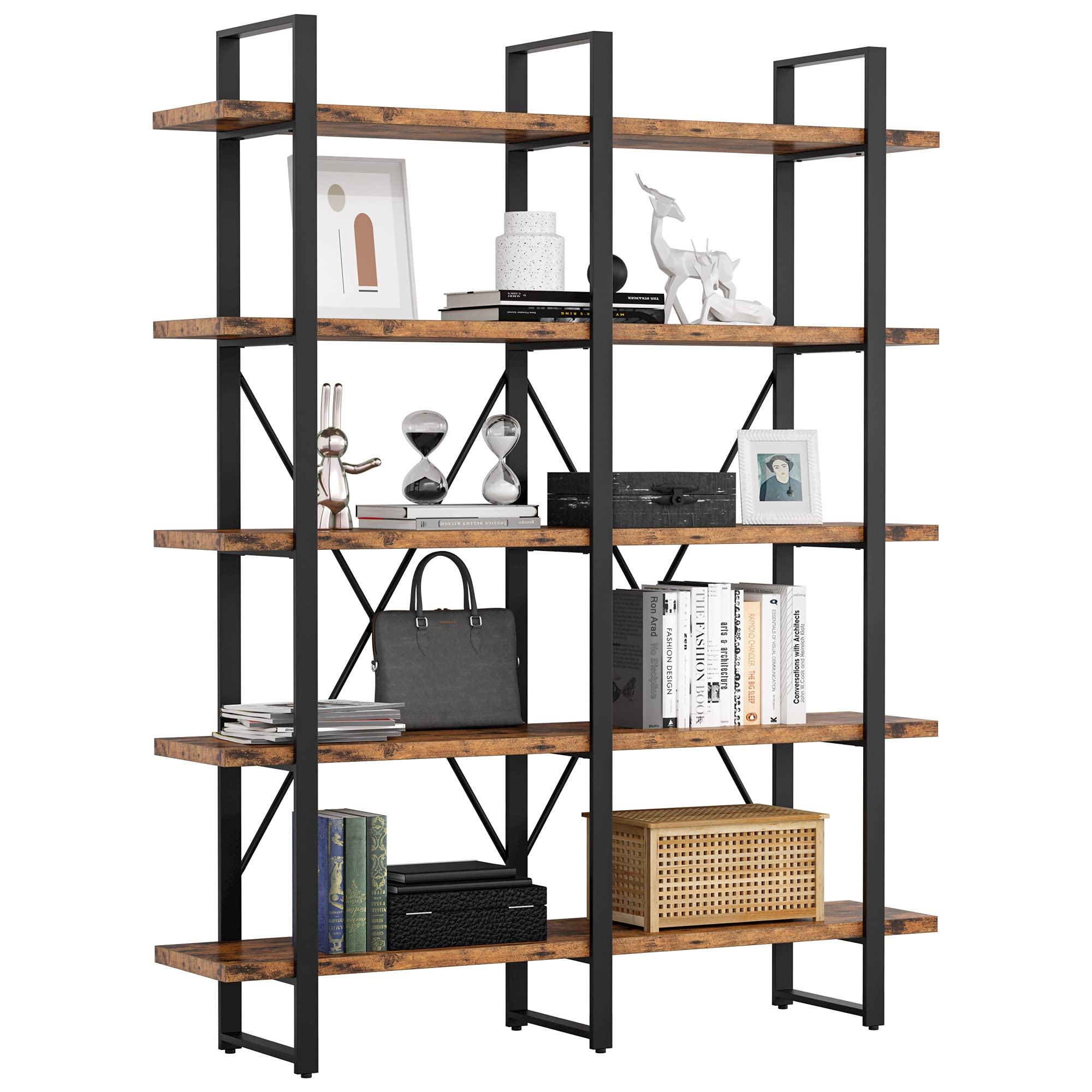 IRONCK 5-Tier Industrial Bookshelf - Double Wide Large Open Shelves for Home & Office - Wood & Metal Bookcase - Easy Assembly - Perfect for Living Room, Bedroom & Study Organization