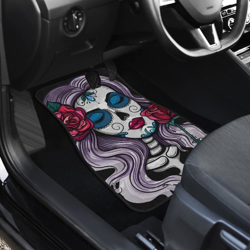 4 Pcs Sugar Skull Car Mats - Non-Slip Floor Mats for Cars, Trucks & SUVs - Durable & Waterproof - Perfect for Halloween, Dia de Los Muertos & Car Decor