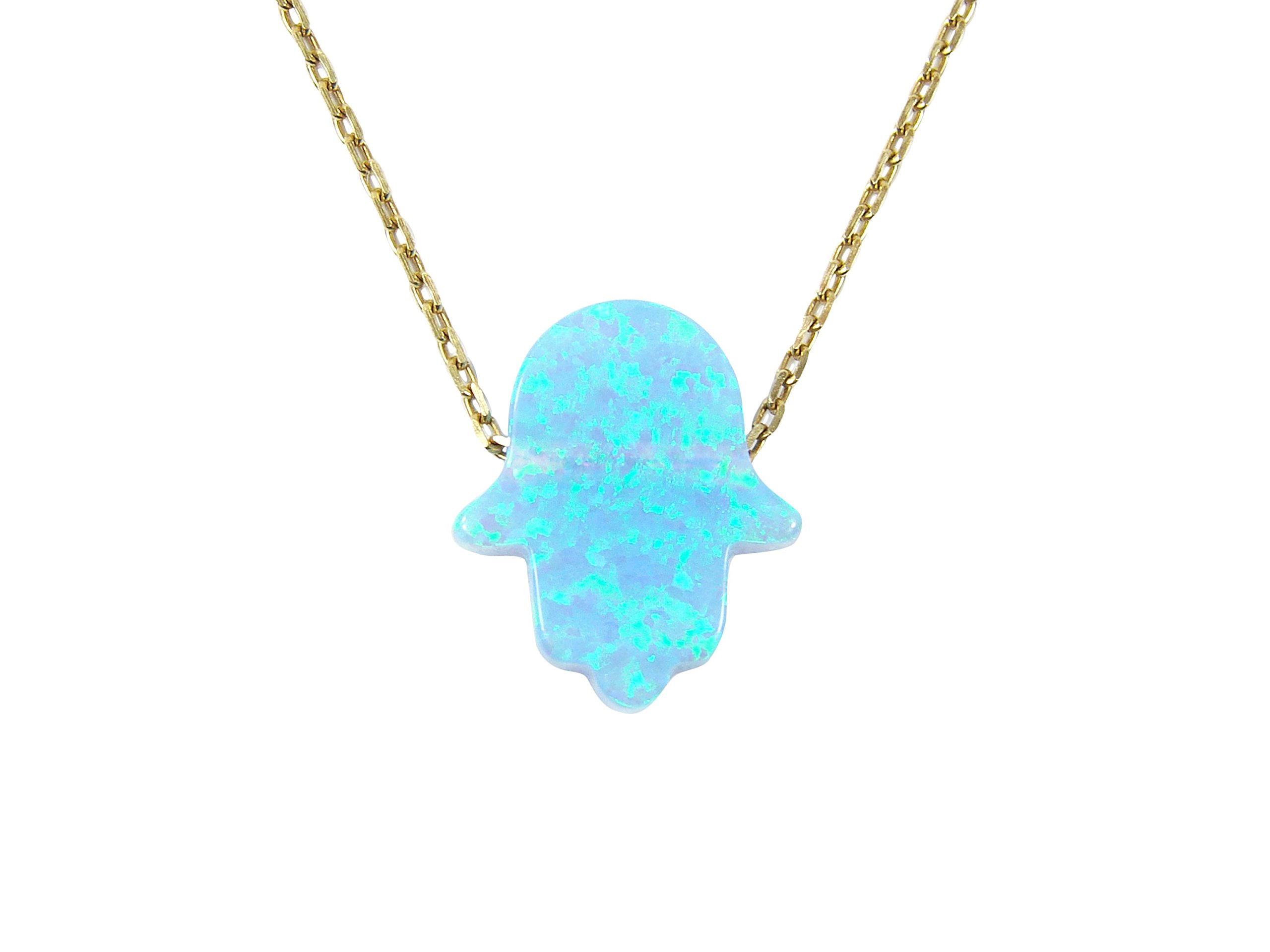 Light Blue Opal Hamsa Necklace - Gold Plated 925 Sterling Silver Pendant for Women, Boho Chic Jewelry Gift for Birthday, Wedding, or Everyday Elegance