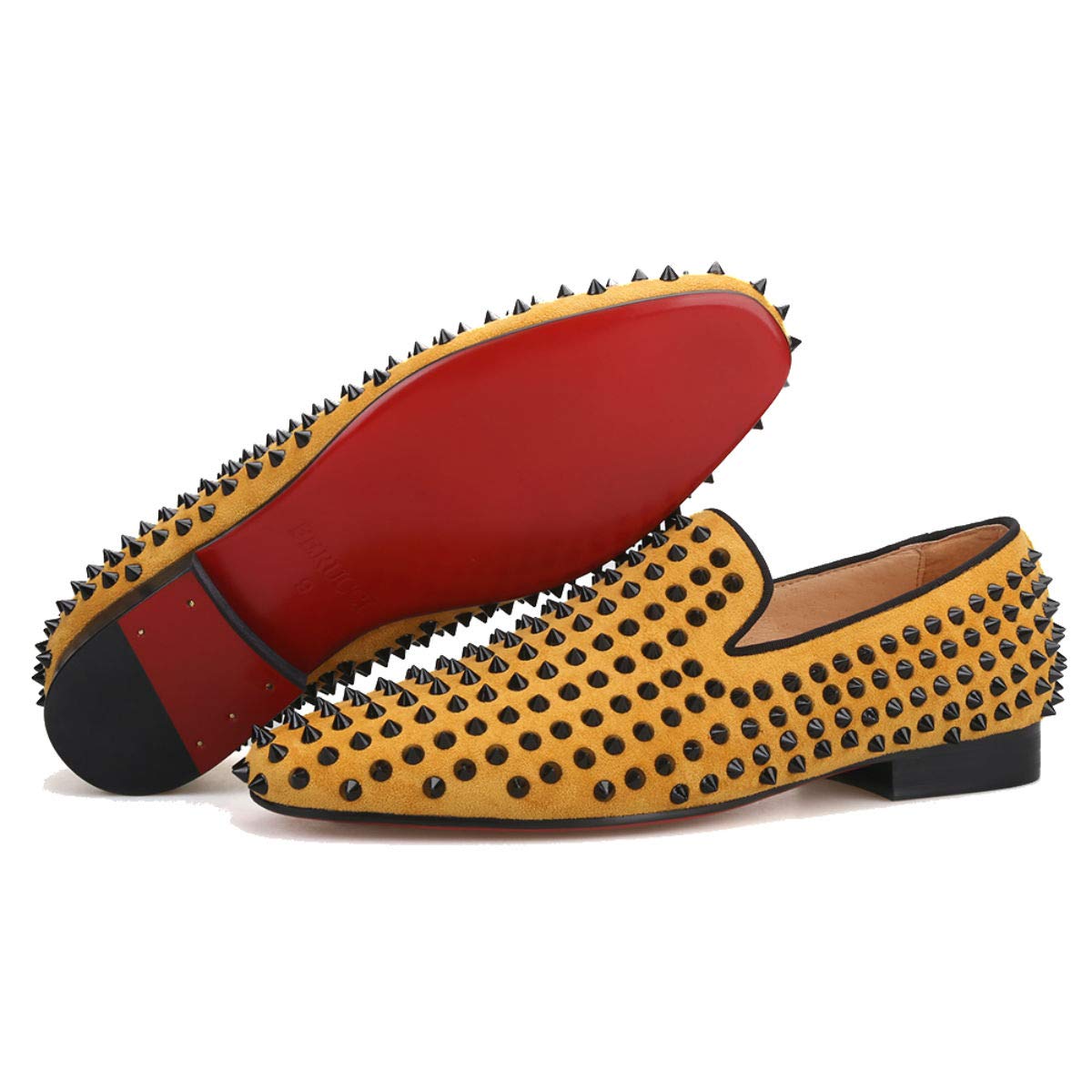 FERUCCI Men's Gold Yellow Velvet Loafers with Black Spikes & Rivets - Comfortable Slip-On Dress Shoes for Wedding, Prom, Party & Formal Occasions