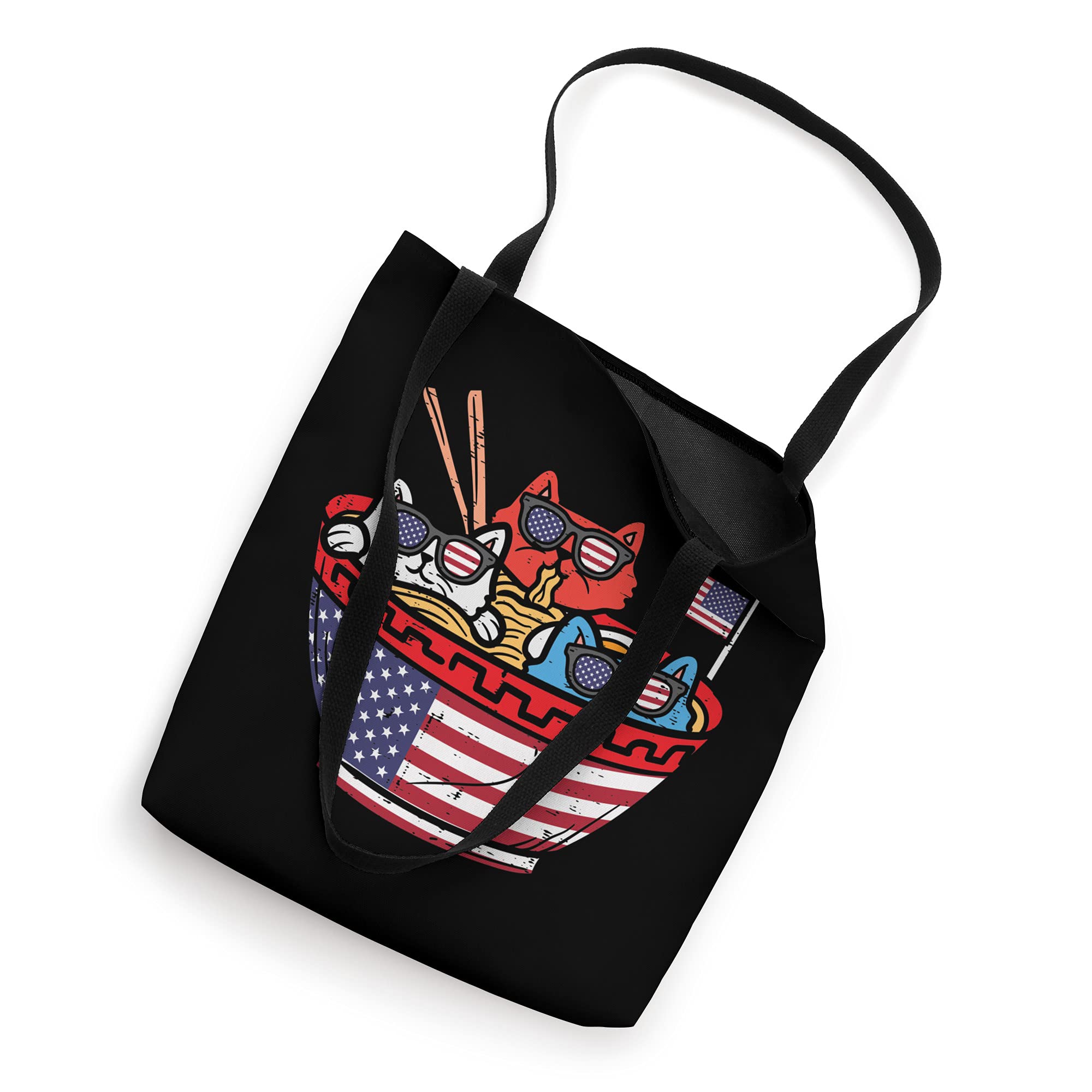 Funny Anime Cat Eating Ramen with USA Flag Print Tote Bag - Perfect for 4th of July, Cosplay, and Anime Conventions