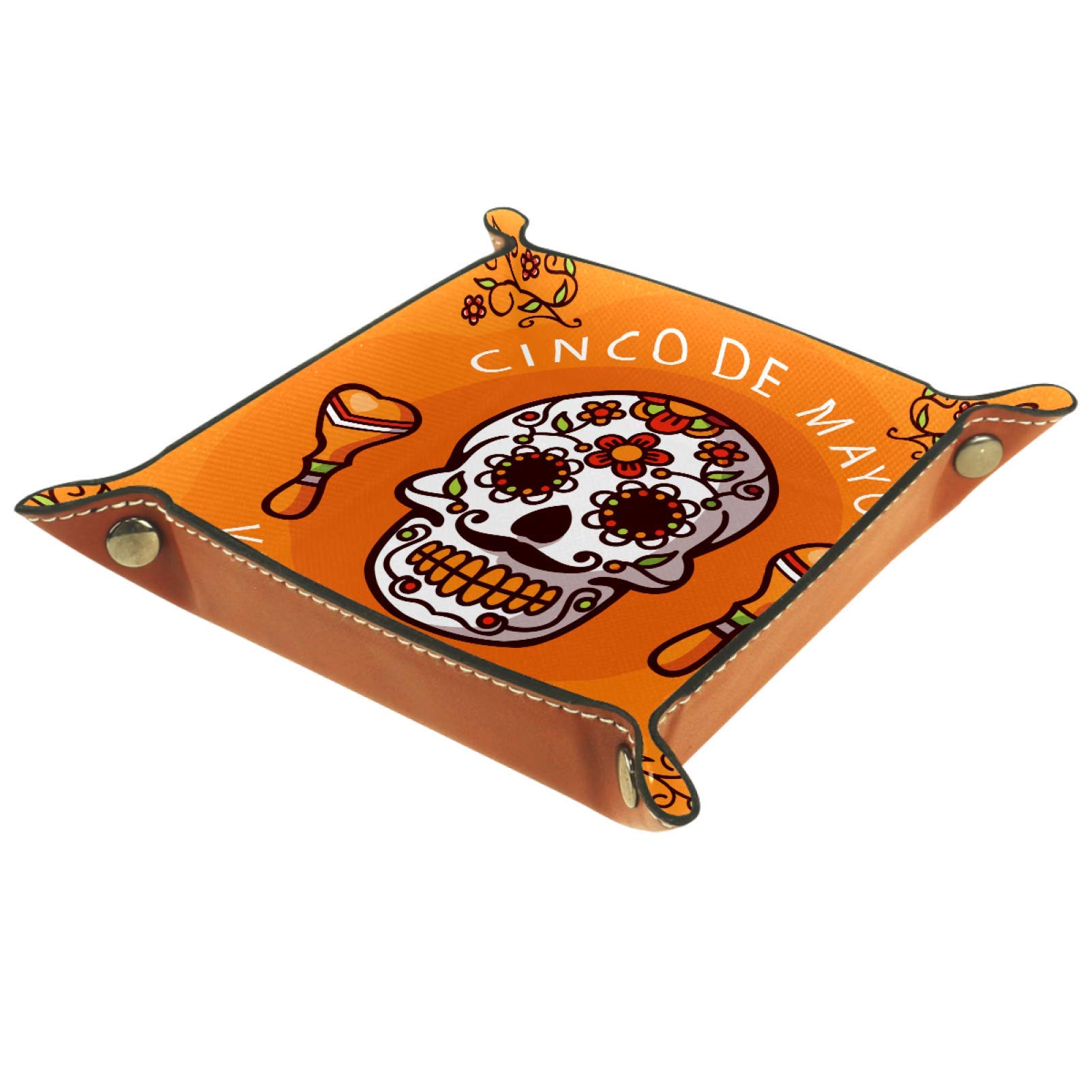 Small Leather Storage Box & Valet Tray - Organizer for Coins, Keys, Jewelry - Cinco De Mayo Skull Orange Design - Perfect for Home, Office & Travel Accessory Organization