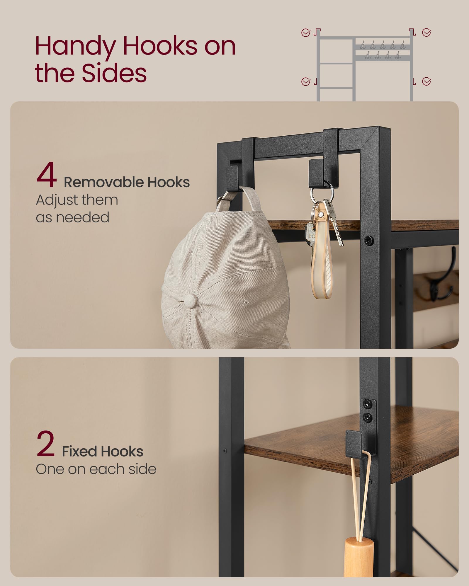 VASAGLE Entryway Hall Tree with Bench - 5-Tier Shoe Storage, 9 Coat Hooks & 6 Side Hooks - Rustic Brown & Black Coat Rack Organizer (47.2