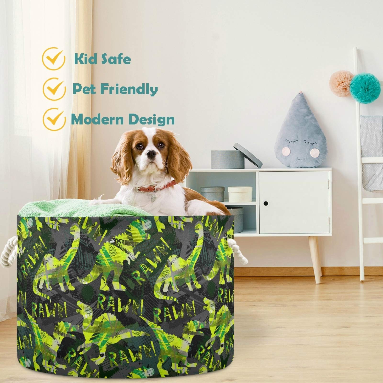 Visesunny Collapsible Large Capacity Storage Basket - Green Dinosaur Black Pattern Clothes & Toy Organizer with Durable Cotton Handles | Perfect for Bathroom, Bedroom, Nursery, Laundry & Closet Organization | Space-Saving Home Storage Solution for Kids' Rooms, Playrooms & Dorm Organization