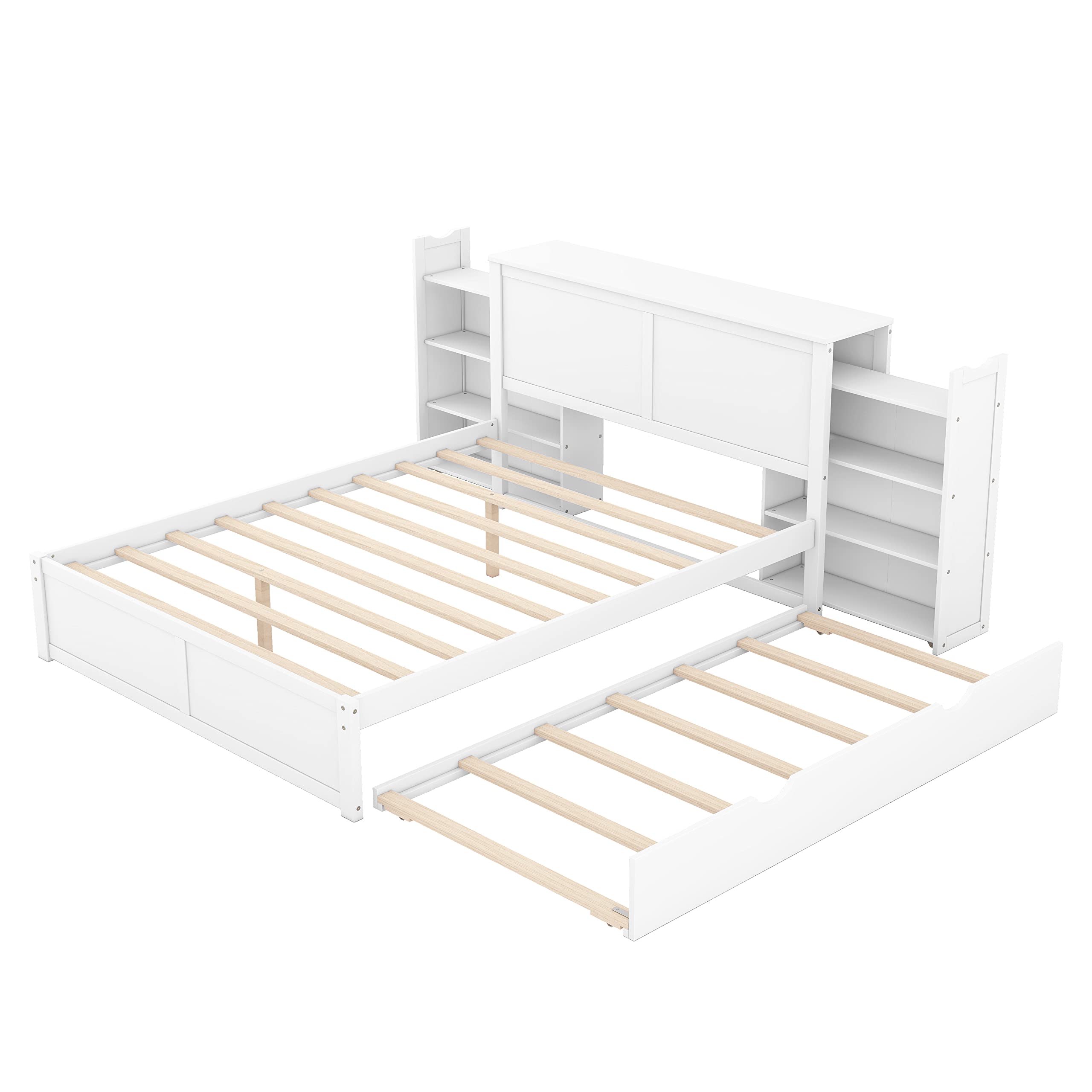 Queen Size Storage Bed with Trundle - Wooden Platform Bed Frame with Storage Shelves Headboard & Twin Trundle - White Wooden Queen Bed for Kids, Boys, Girls, Teens - Perfect for Small Bedrooms, Guest Rooms & Space-Saving Solutions