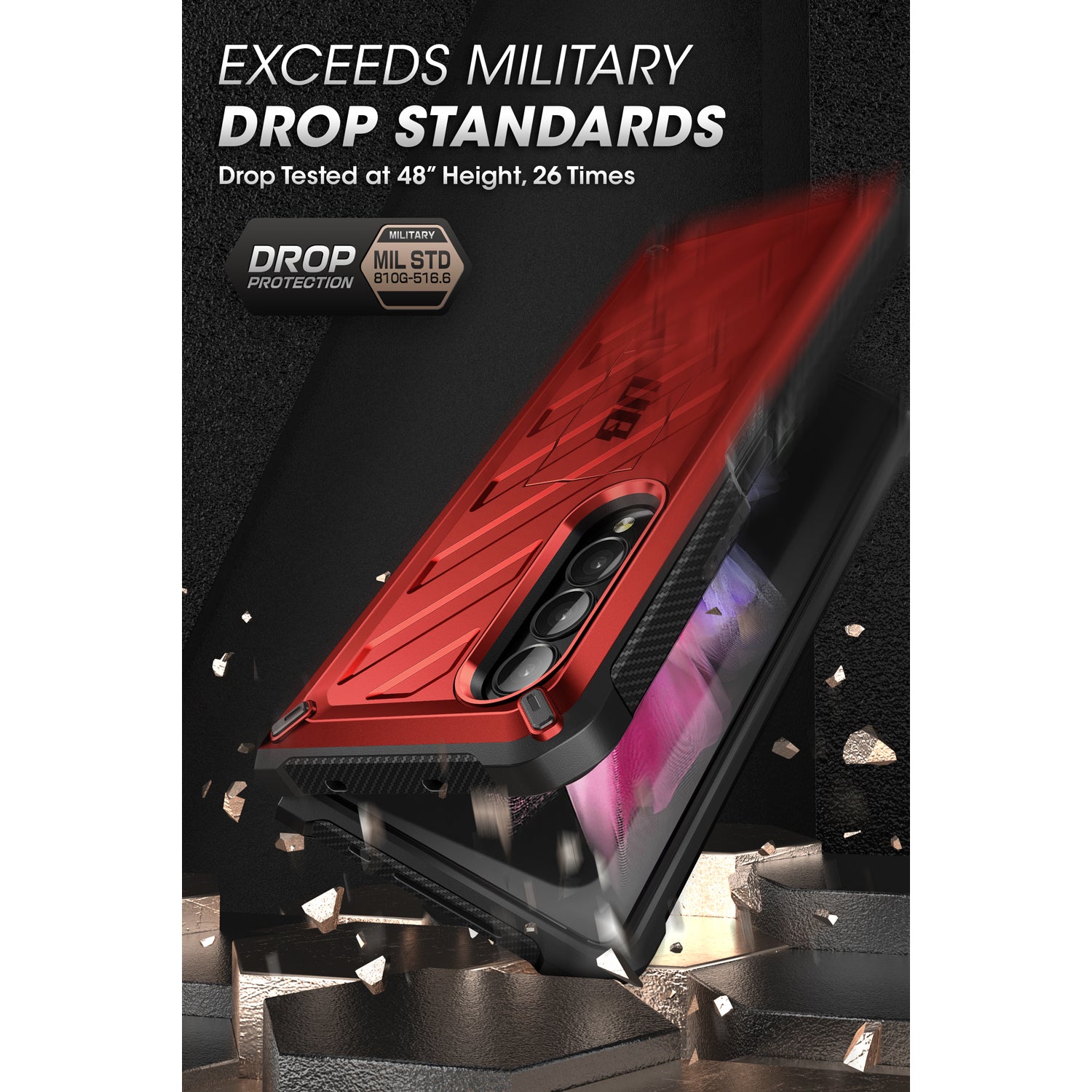 Samsung Galaxy Z Fold 3 Case with Built-in Kickstand & Screen Protector - Shockproof Heavy Duty Cover for Z Fold3 (Metallic Red) | Perfect for Work, Travel & Everyday Protection