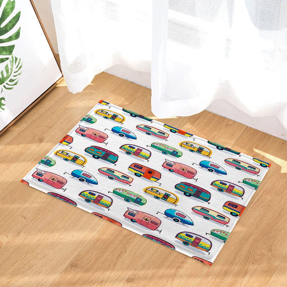 JAWO Happy Camper Bath Mat - Non-Slip RV Camping Bathroom Rug, Retro Style Doormat for Trailer, Front Door, Kitchen & Bedroom - Perfect for Camping Trips & Cozy Home Decor