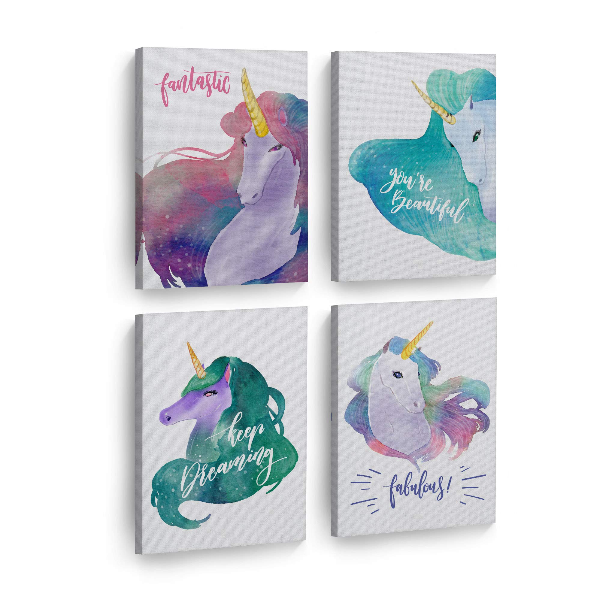 Stunning Watercolor Unicorn Wall Art - 4 Panel Canvas Print Set for Kids Room, Nursery & Baby Room Decor - Ready to Hang Made in USA (22x15 inches each) - Perfect for Birthday Gifts, Baby Showers & Fantasy Themed Bedrooms