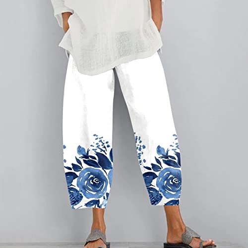 Plus Size Red Yoga Pants for Women - Gradient Floral Print Loose Elastic Cotton Linen Sweatpants - Petite & Regular Sizes (Blue #2, XL) - Perfect for Yoga, Workouts & Casual Wear
