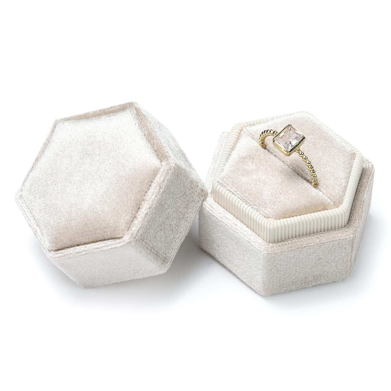 Etercycle Velvet Ring Box - Vintage Hexagon Premium Jewelry Display Holder with Detachable Lid for Wedding, Proposal & Engagement Gifts (Beige, 1 Slot) | Perfect for Bridal Showers, Anniversary Presents & Romantic Surprises
