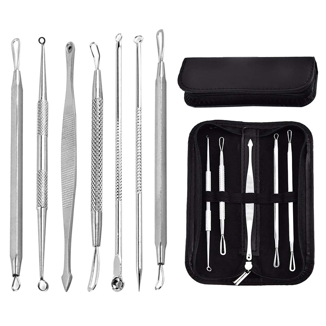 Anjetan 7PCS Blackhead Tweezers Kit - Professional Stainless Steel Acne Removal Tools with Travel Case - Blackhead Extractor, Pimple Popper & Blemish Remover Set for Face & Body Care - Perfect for Home Spa, Travel & Professional Use