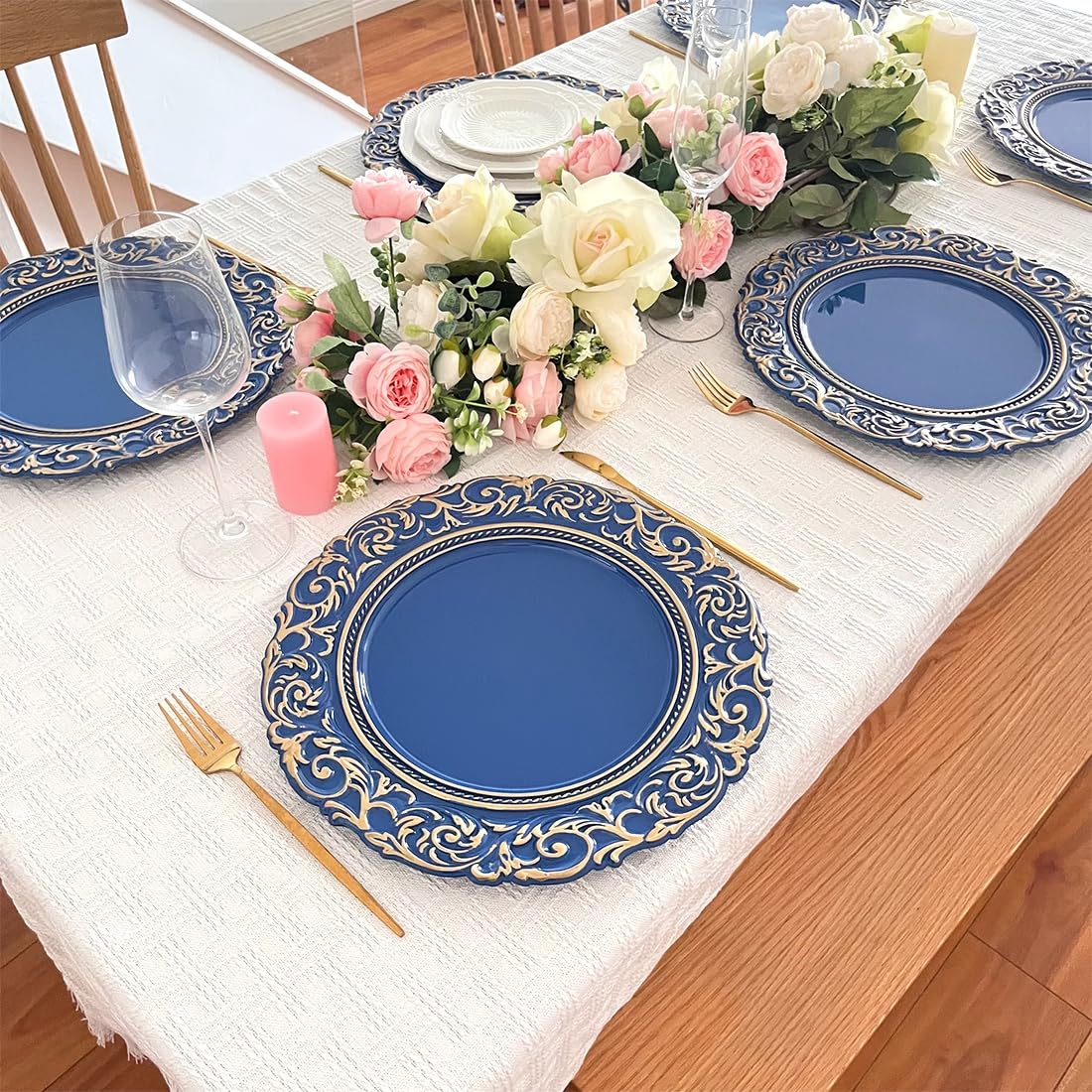 Antique Gold Rim Charger Plates - Set of 6 Royal Blue 13 Inch Round Plastic Embossed Dinner Chargers for Wedding, Party & Elegant Table Decor | Perfect for Formal Dining, Holiday Entertaining & Special Occasions