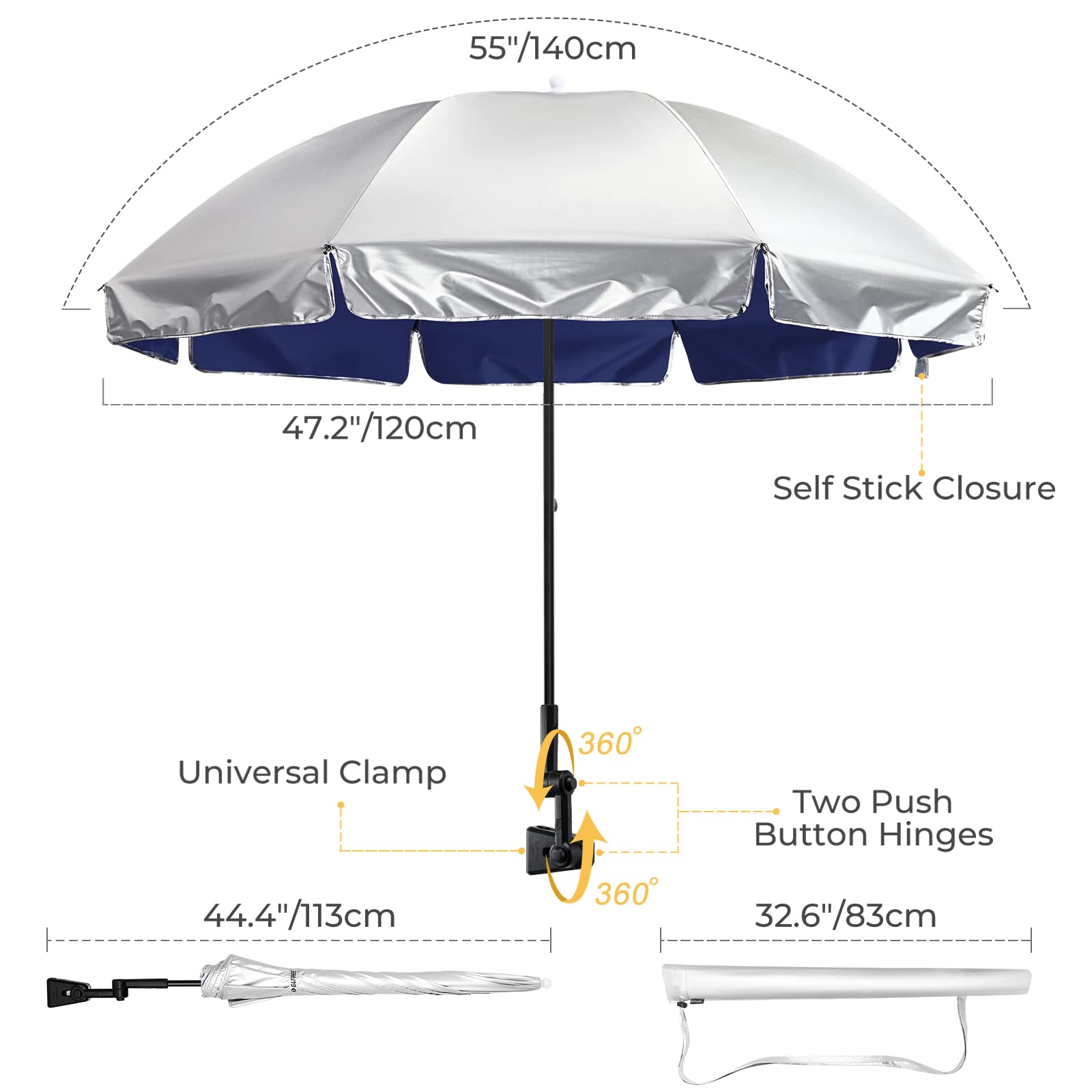 G4Free UPF 50+ Universal Adjustable Clamp-On Umbrella for Outdoor UV Protection - Fits Strollers, Wheelchairs, Patio Chairs & Golf Carts - Perfect for Beach, Picnics, Camping & Backyard Relaxation