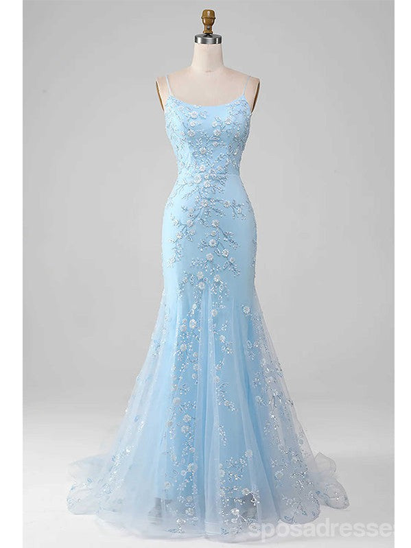 Floral Blue Mermaid Maxi Dress with Spaghetti Straps - Elegant Evening Gown for Prom, Party & Formal Occasions | Perfect for Weddings, Galas and Special Events