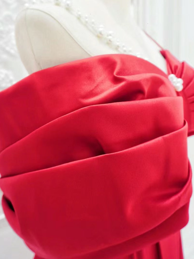 Elegant A-Line Satin Off-Shoulder Red Long Prom Dress - Formal Evening Gown for Homecoming, Ball & Special Occasions