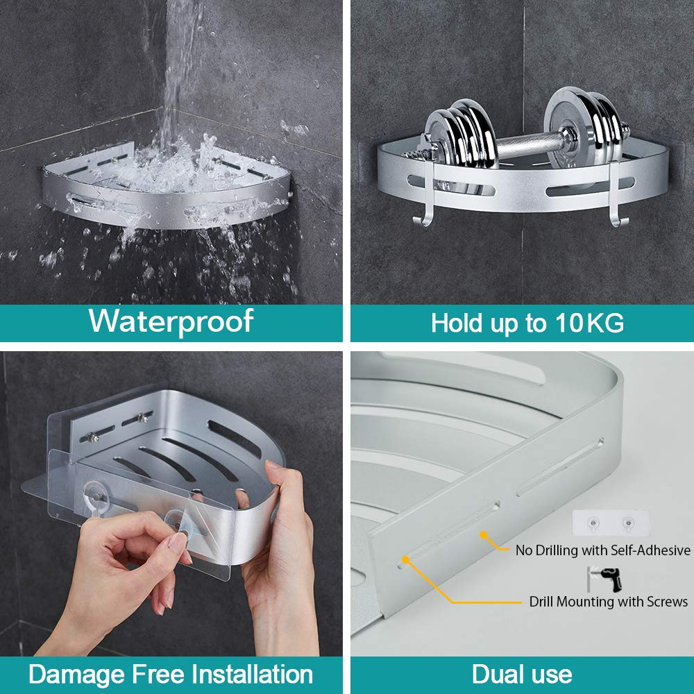 HOOMTAOK No-Drill 2-Tier Corner Shower Shelf - Wall Mounted Adhesive Bathroom & Kitchen Storage Basket (Silver) - Perfect for Small Spaces, Organizing Toiletries, and Maximizing Shower Storage