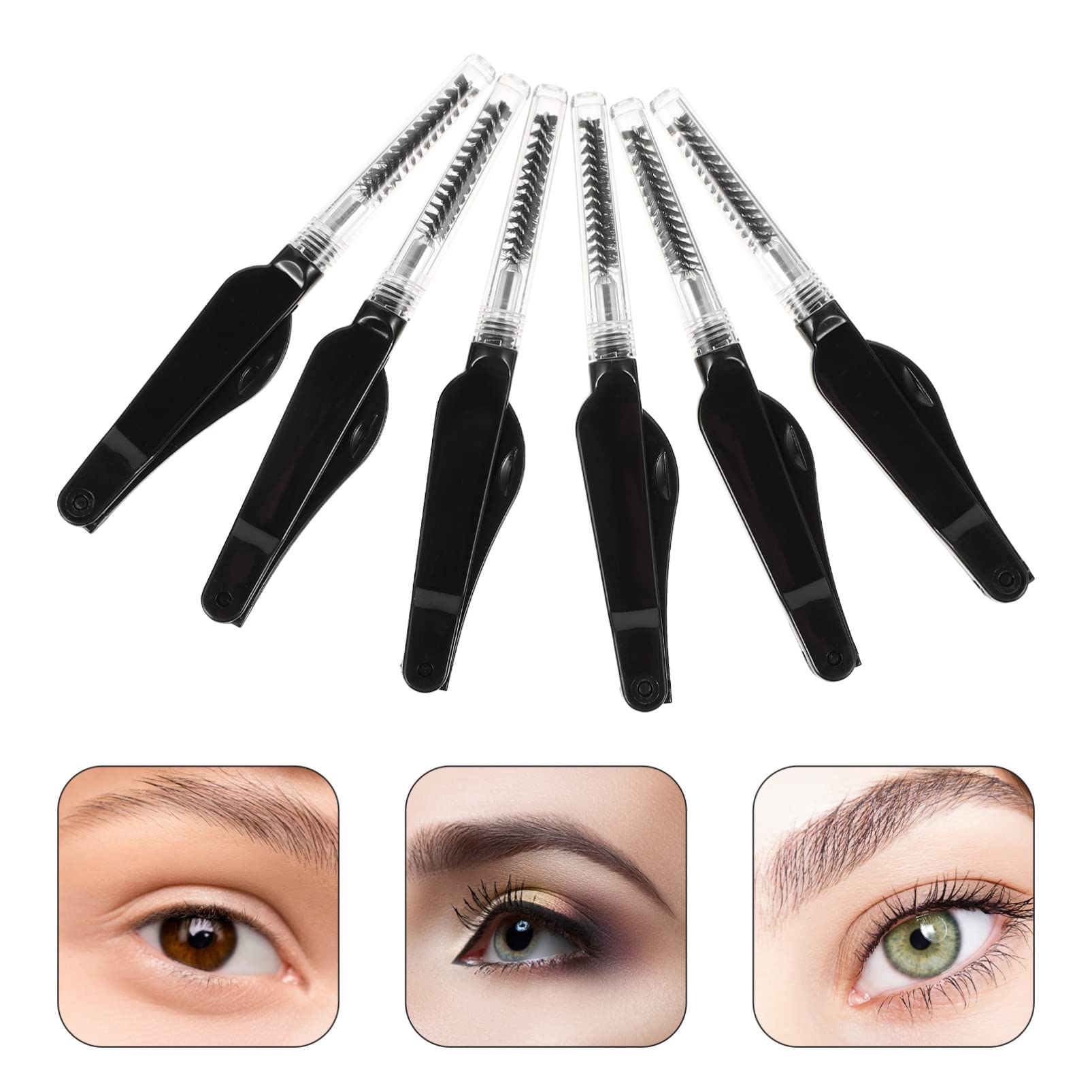FRCOLOR 6-Piece Black Folding Eyelash & Eyebrow Brush Set - Double Ended Makeup Tools for Eyebrow Combing & Lash Styling | Perfect for Travel, Daily Makeup & Professional Beauty Kits