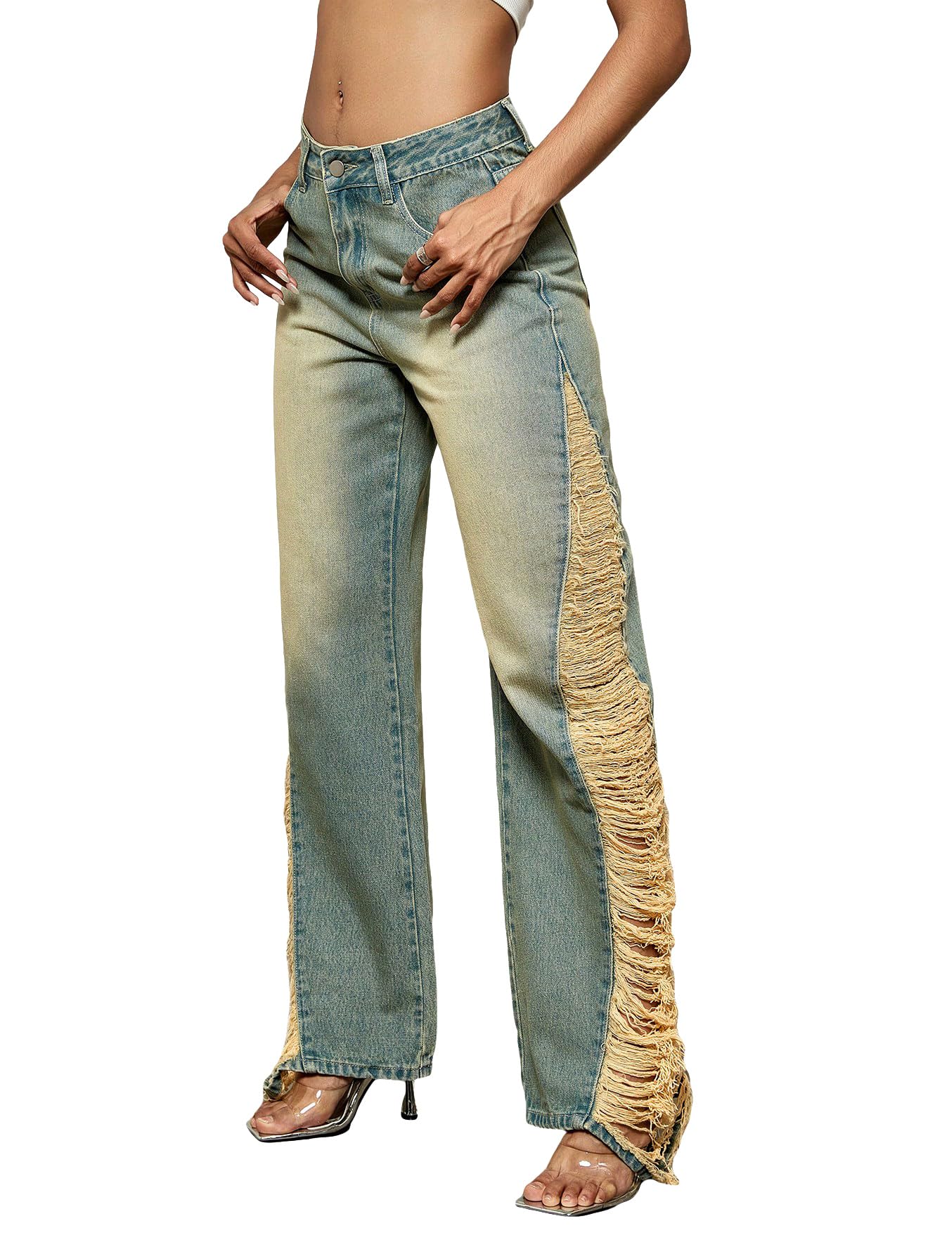 Women's Casual Ripped Straight Leg Jeans - Mid Waist Distressed Denim Pants for Everyday Wear & Street Style Outfits