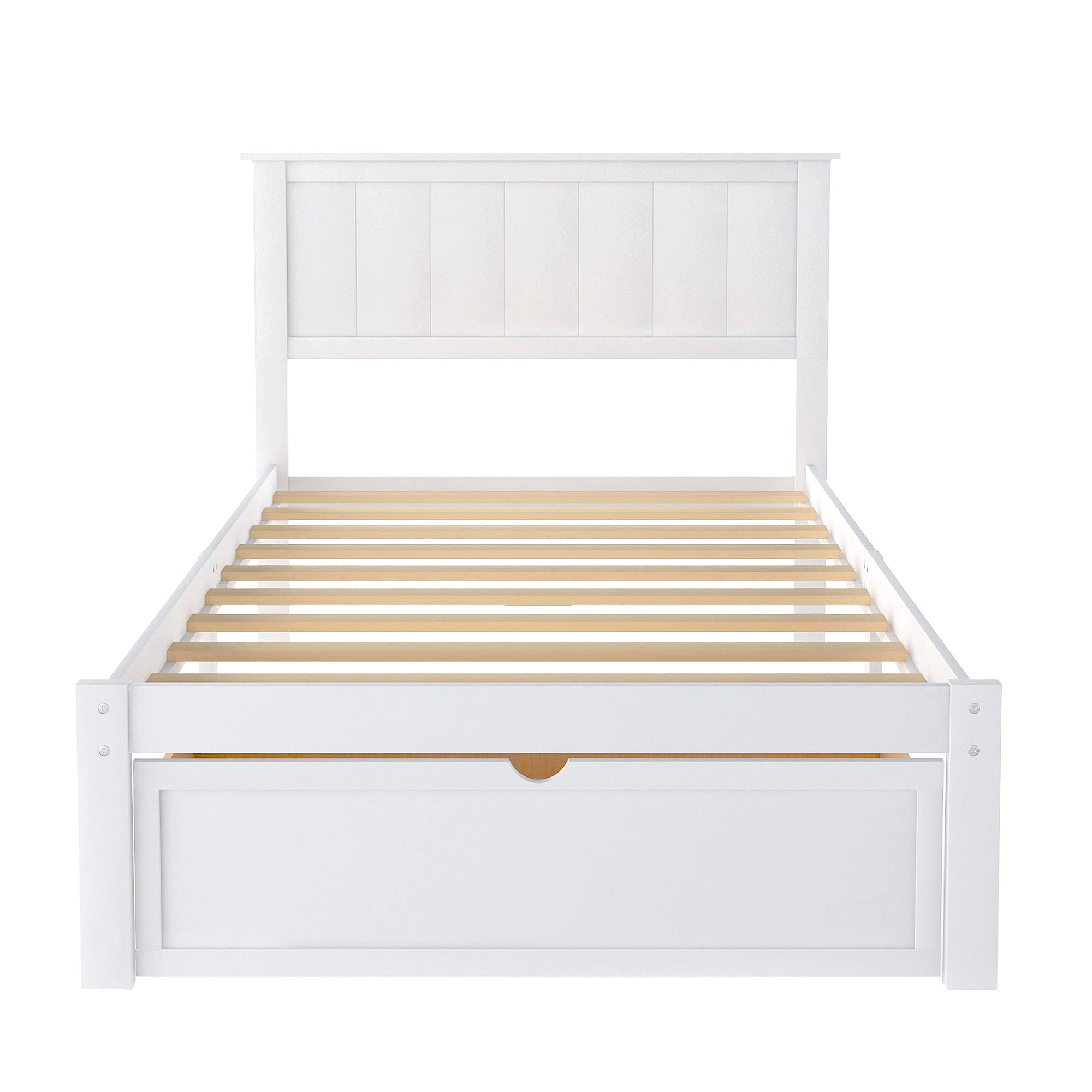 Twin Size Wood Platform Bed Frame with Storage Drawers & Headboard - No Box Spring Needed - Perfect for Kids Room, Guest Bedroom & Small Spaces (White)