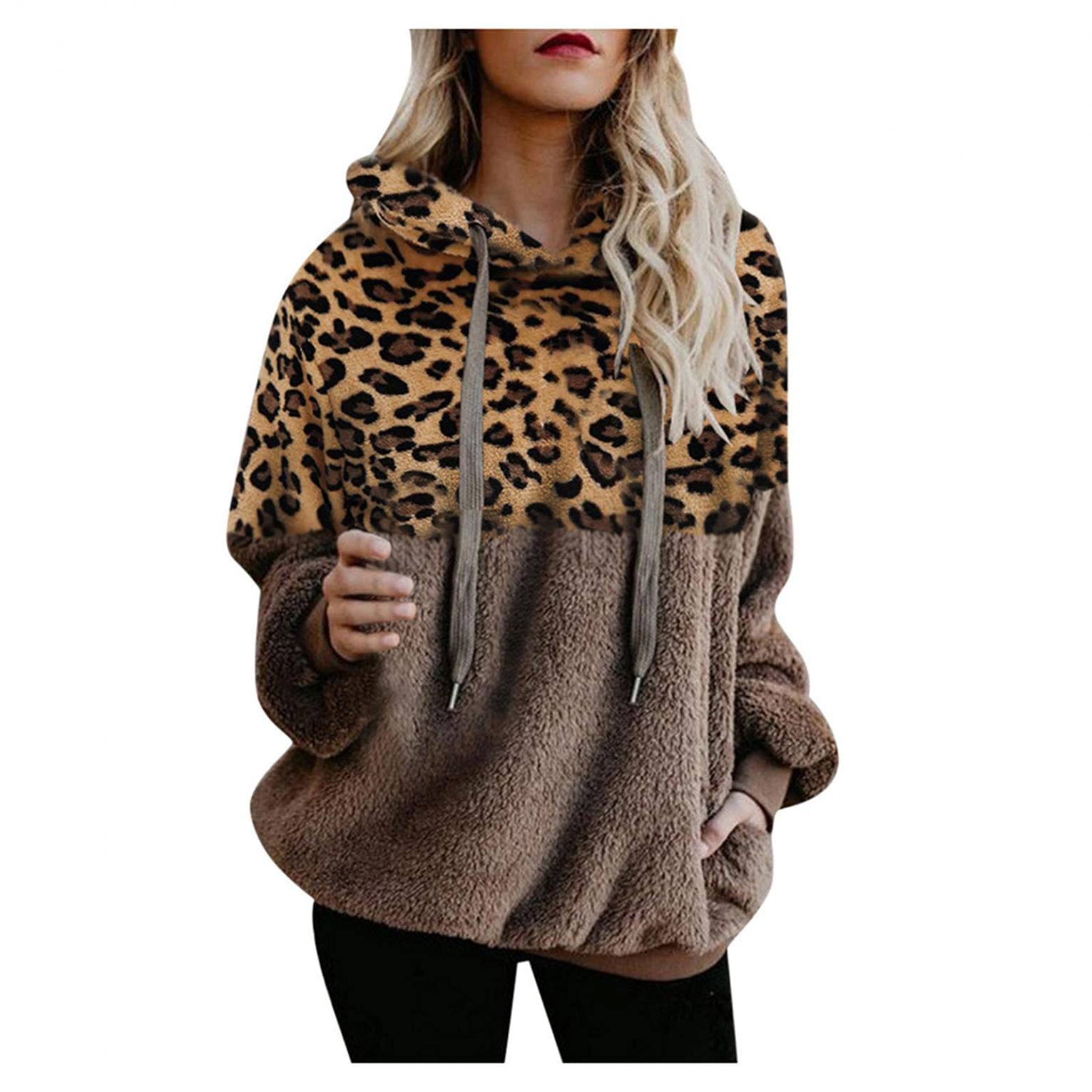 Women's Fuzzy Fleece Pullover Sweaters - Cozy Leopard Print Sherpa Hoodies with Pockets | Casual Winter Hooded Coat for Outdoor Activities & Lounge Wear